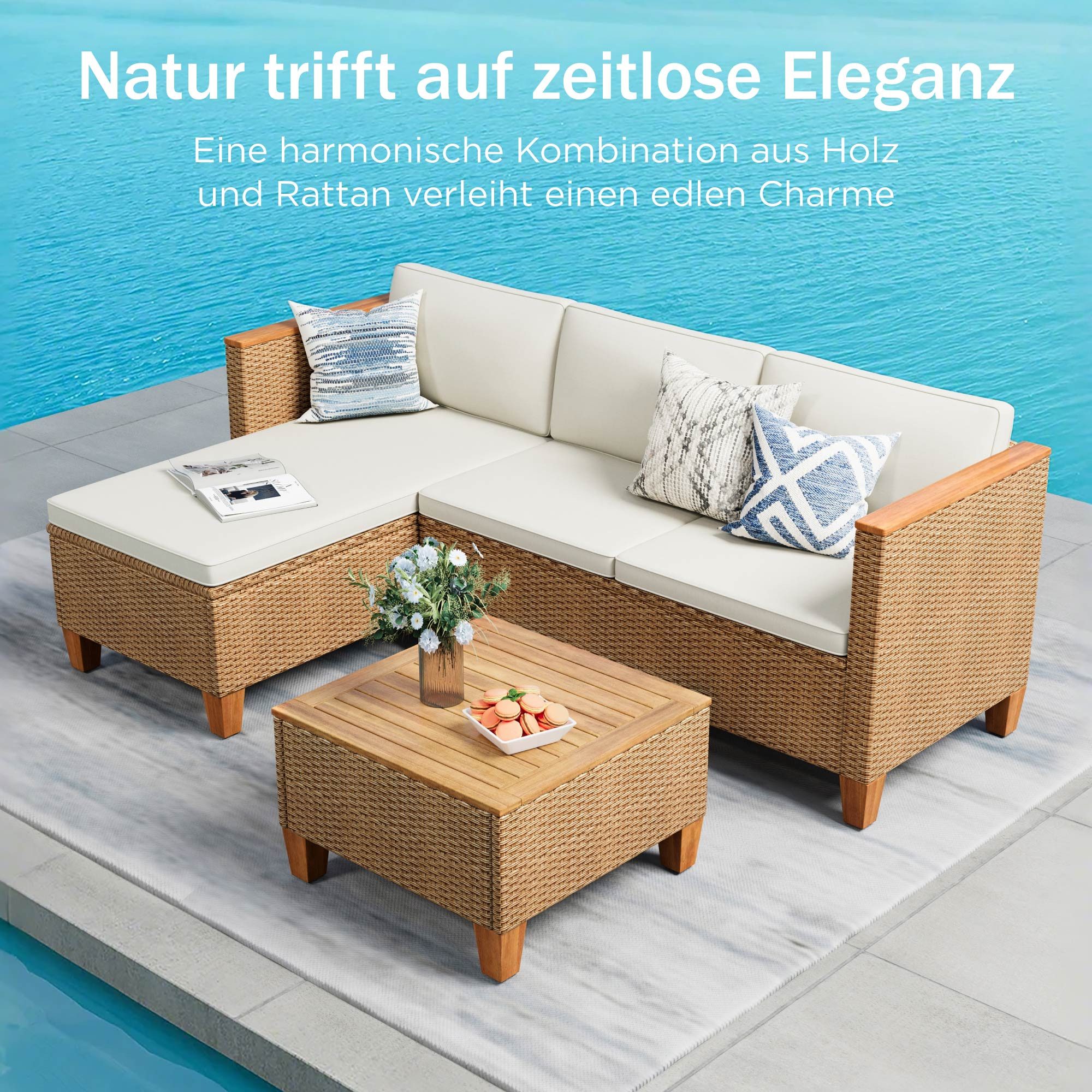 PHI VILLA Gartenlounge-Set, (1 Chaiselongue, 1 Zweisitzer-Sofa und 1 Kleiner Couchtisch, PE Rattan Lounge Möbel Outdoor), 4 Personen Terassenmöbel Außen Gartensofa