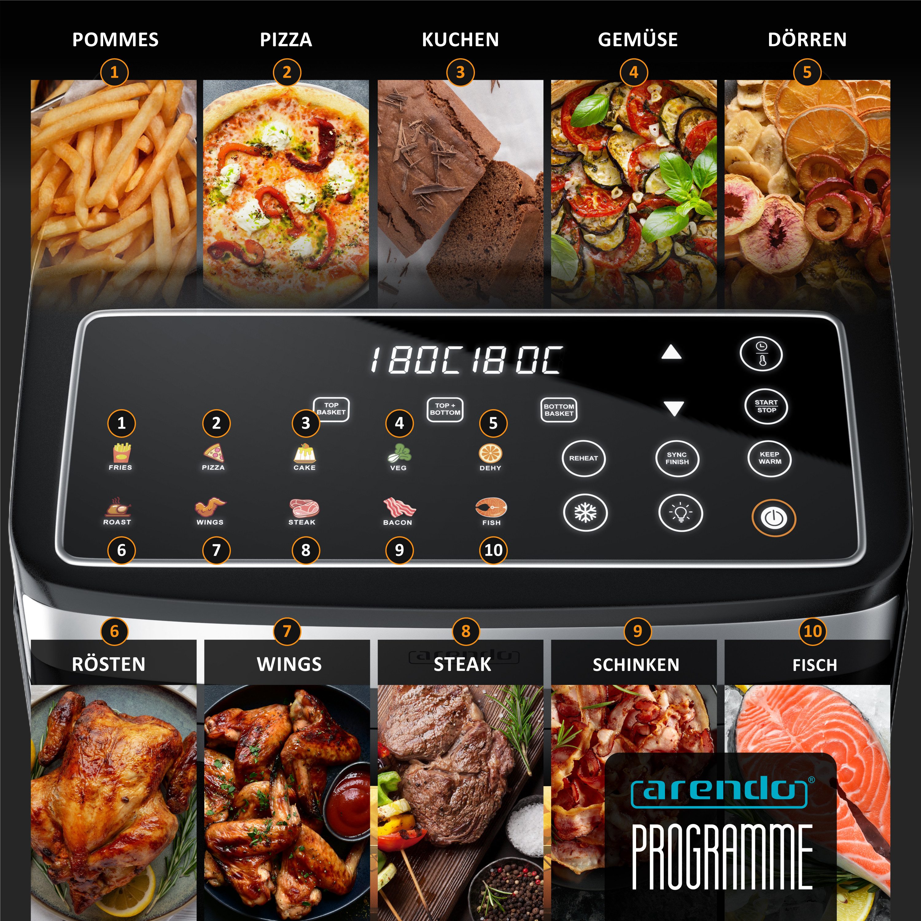 Arendo Heißluftfritteuse Doppelstock Dual Zone Airfryer & digitaler Mini-Backofen, 2800 W, mit Zubehör, Umluft Backofen, Sichtfenster, fettarmes gesundes Kochen