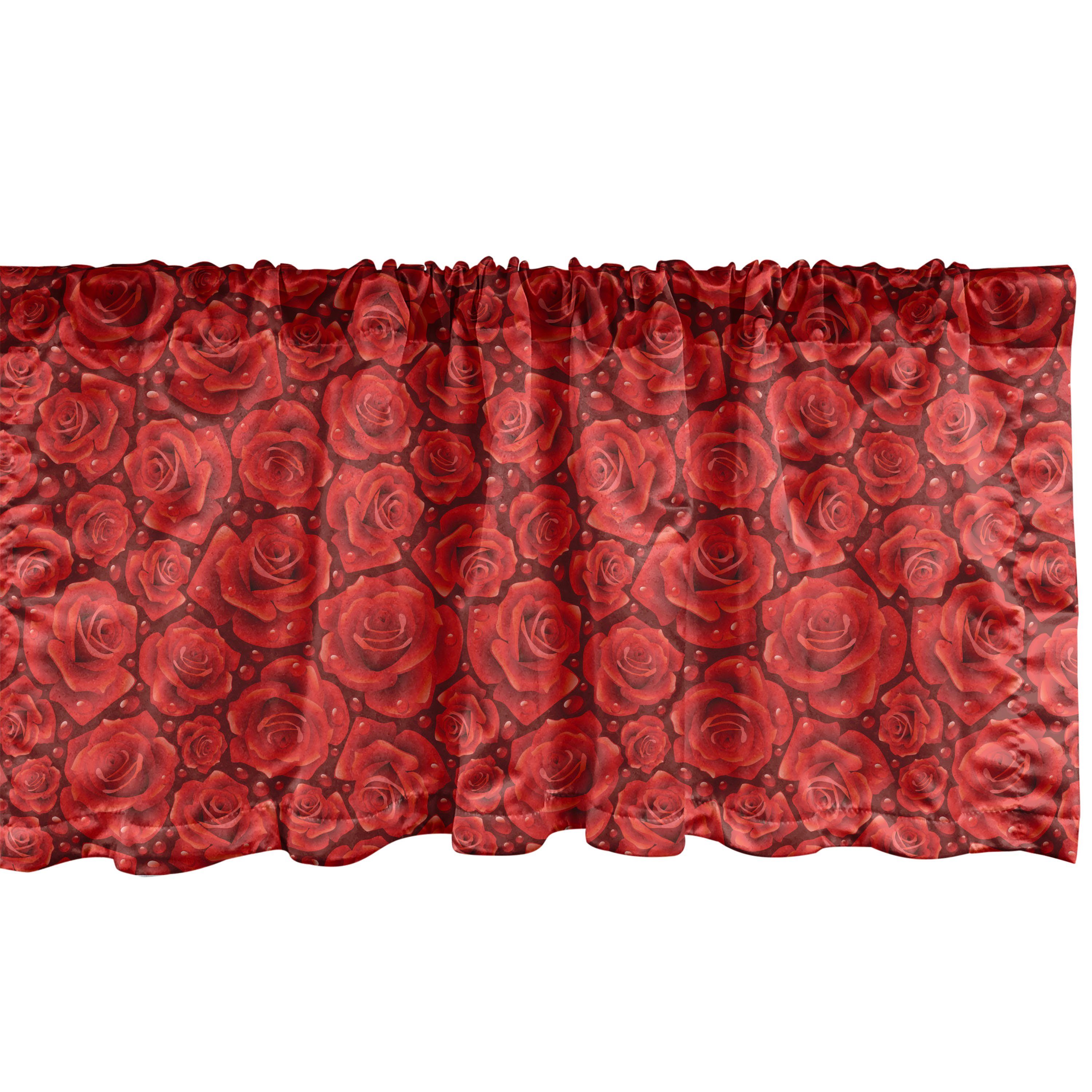 Scheibengardine Vorhang Volant für Küche Dekor Microfaser, Rosen mit Abakuhaus, Rote Rose Regen-Tropfen Schlafzimmer Wasser Stangentasche