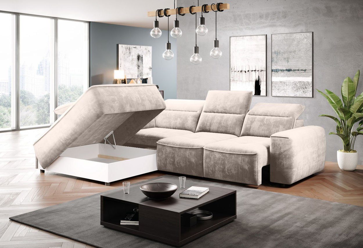 Kopfstützen Beige Ecksofa verstellbare 02 elektrische Sitztiefenverstellung, Sitztiefenverstellung, Bettkasten, Ecksofa Palladium Design elektrische WOHNKLUSIV FERRARA,