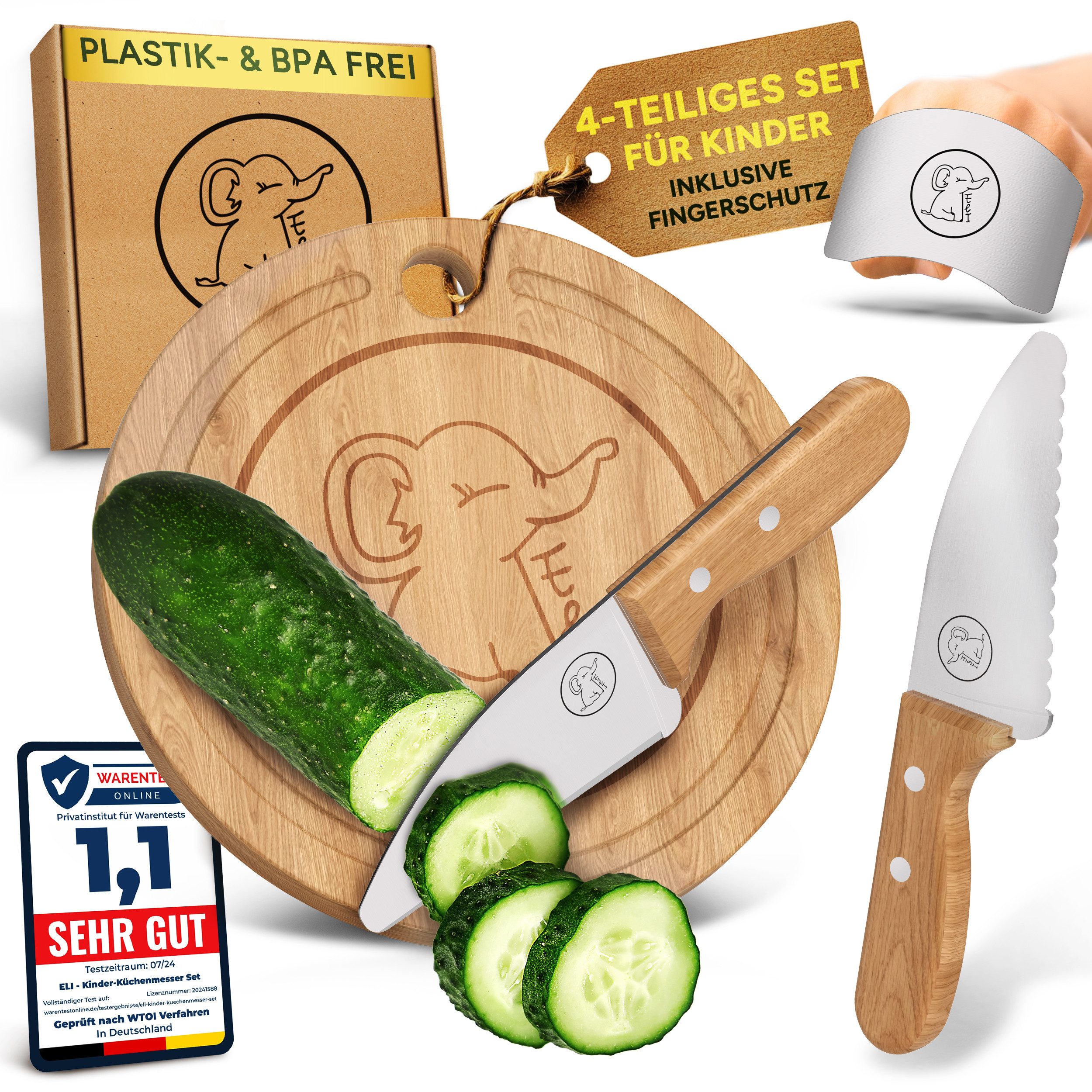 Eli Kinderkochmesser Küchenmesser Kinder Set inkl. Schneidebrett, Schäler und Fingerschutz, 5 teiliges hochwertiges Schneidemesser Set - rostfreier Edelstahl