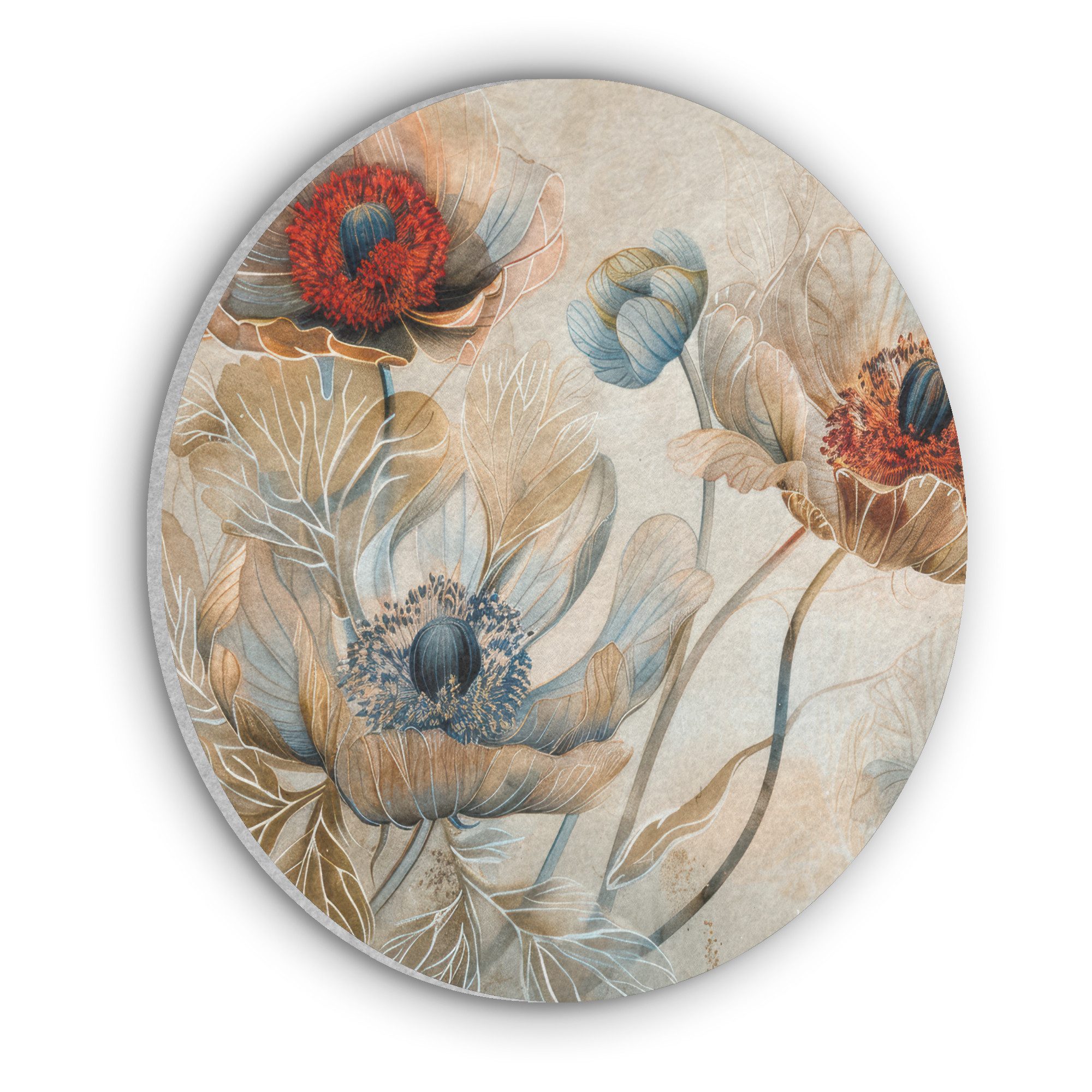 MuchoWow Gemälde Blumen - Beige - Modern - Illustration, Fotodruck (1 St), Akustikpaneele rund, Schalldämmung, Akustikbilder 30x30 cm