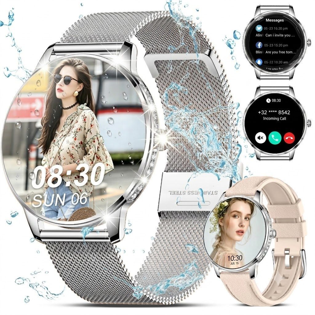 Forrlite 2026 Neues Smartwatch Damen Herren mit Telefonfunktion, Smartwatch (38mm cm/1.19 Zoll) Spar-Set, 4-tlg., Anrufe, Schrittzähler, Puls, Blutdruck, Stress-, Schlafüberwachung, IP68 Wasserdicht – Fitnessuhr Kompatibel mit iOS Android