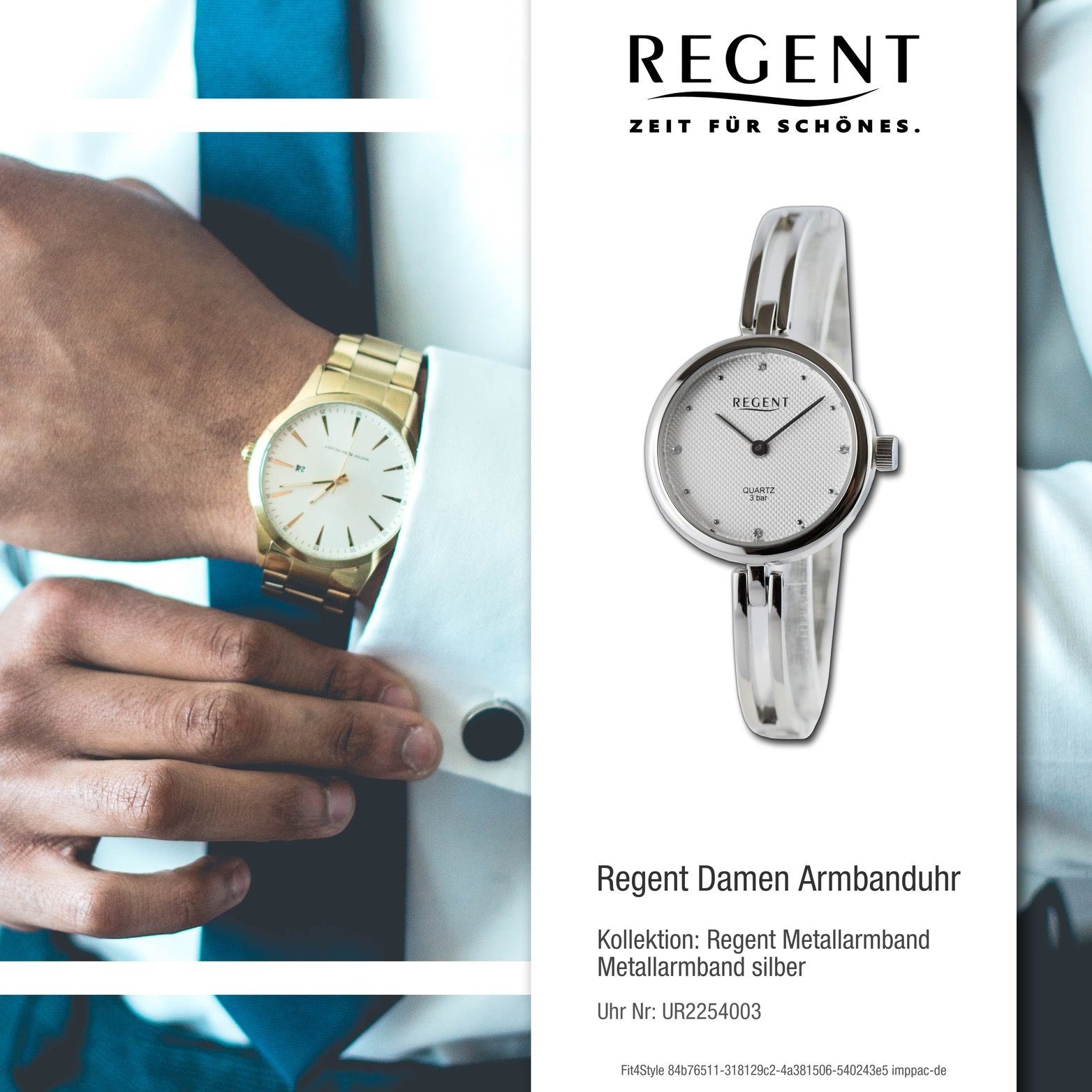 Regent Analog, rundes groß (ca. extra Damen Regent Damenuhr 26mm) silber, Metallarmband Gehäuse, Armbanduhr Quarzuhr
