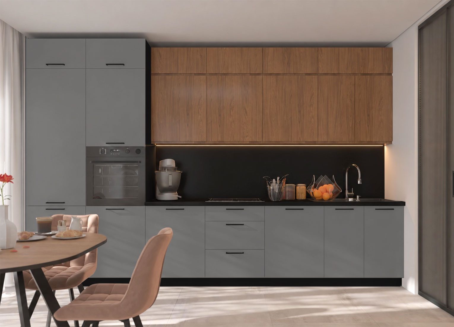 Feldmann-Wohnen Küchenzeile Bonn-Arezzo, (Soft-Close, Blum Teilauszug), 380cm schwarz / dust grey matt - Casella braun, 16-teilig