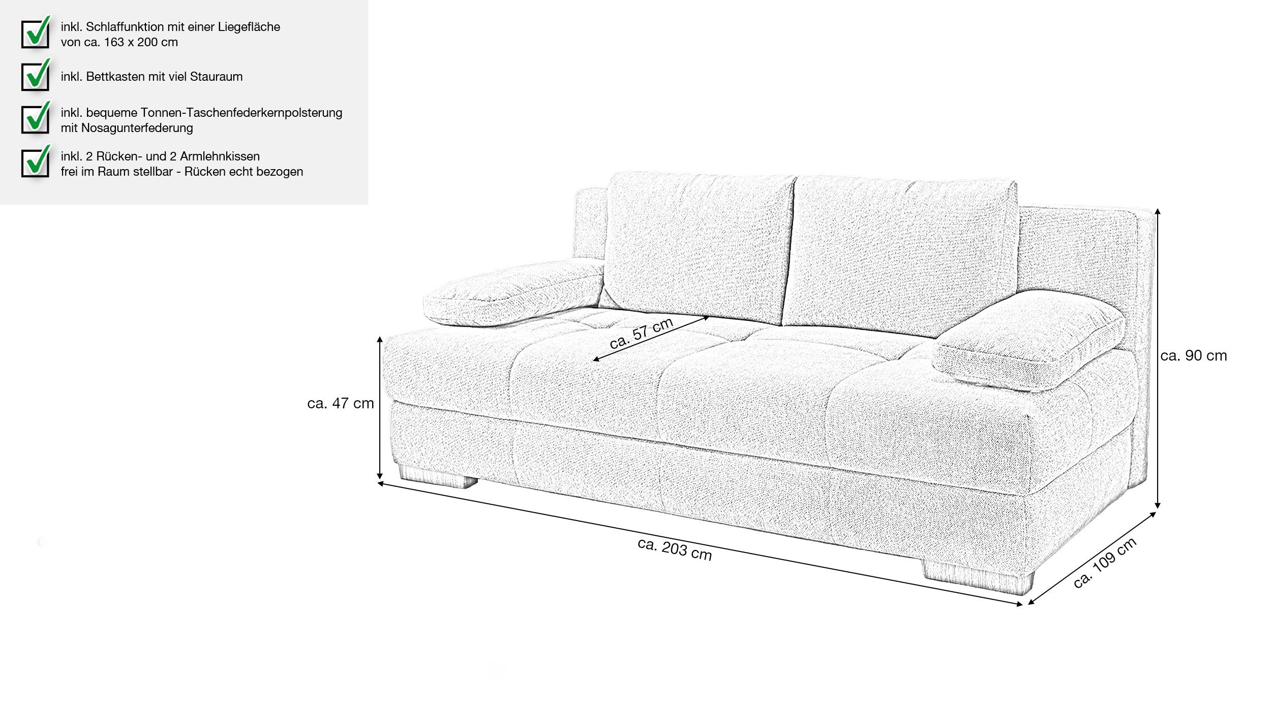 Die Möbelfundgrube® Schlafsofa CALLI 203 cm / grau / Stoffbezug / Bettkasten/ Nosagunterfederung, Dauerschläfer Polsterung, Tonnen-Federkern, mit Bettfunktion