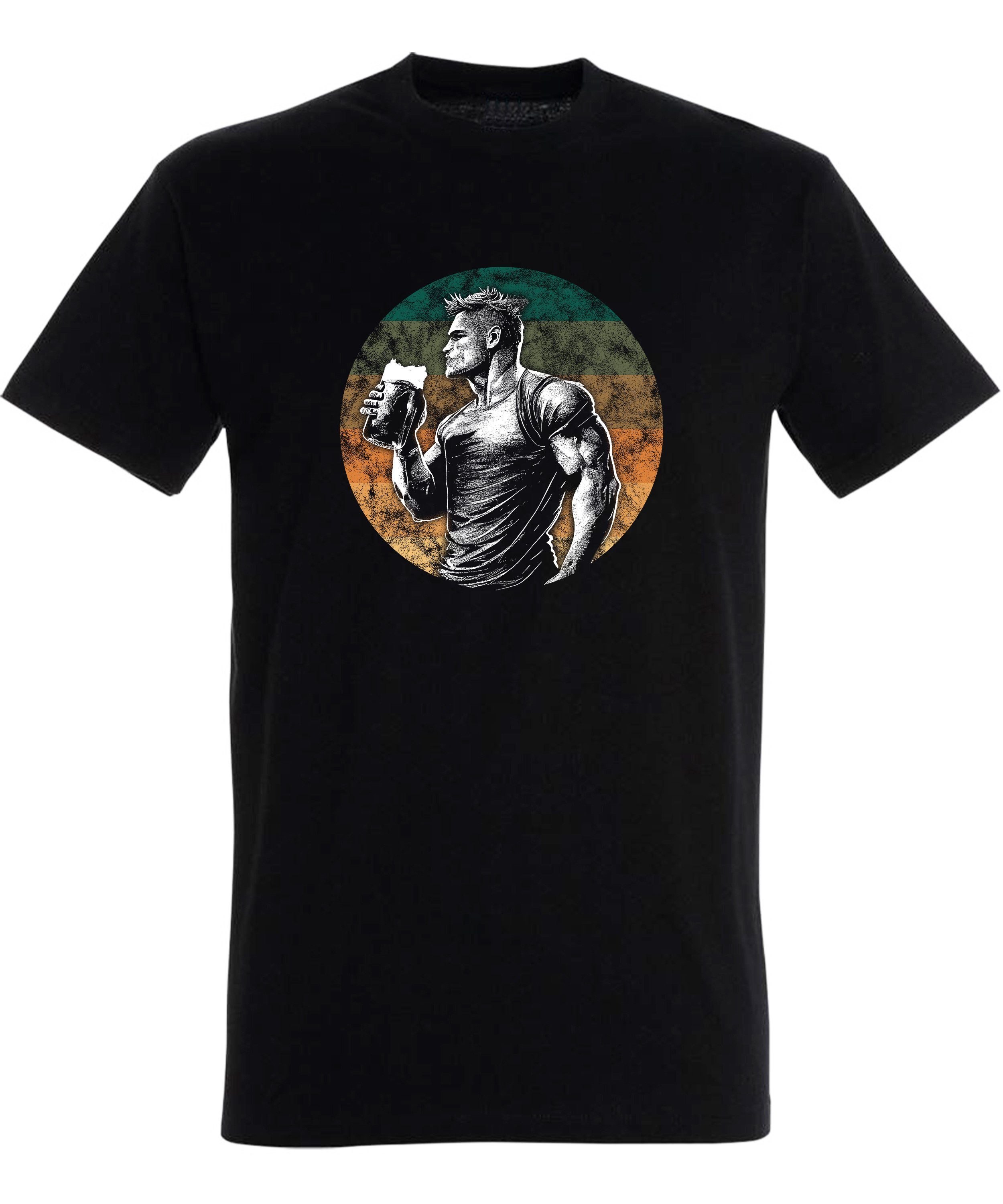 Fit, Baumwollshirt Muskulöser Mann Bier i298 Print T-Shirt - einem mit schwarz Aufdruck Mass Herren Regular mit Shirt MyDesign24