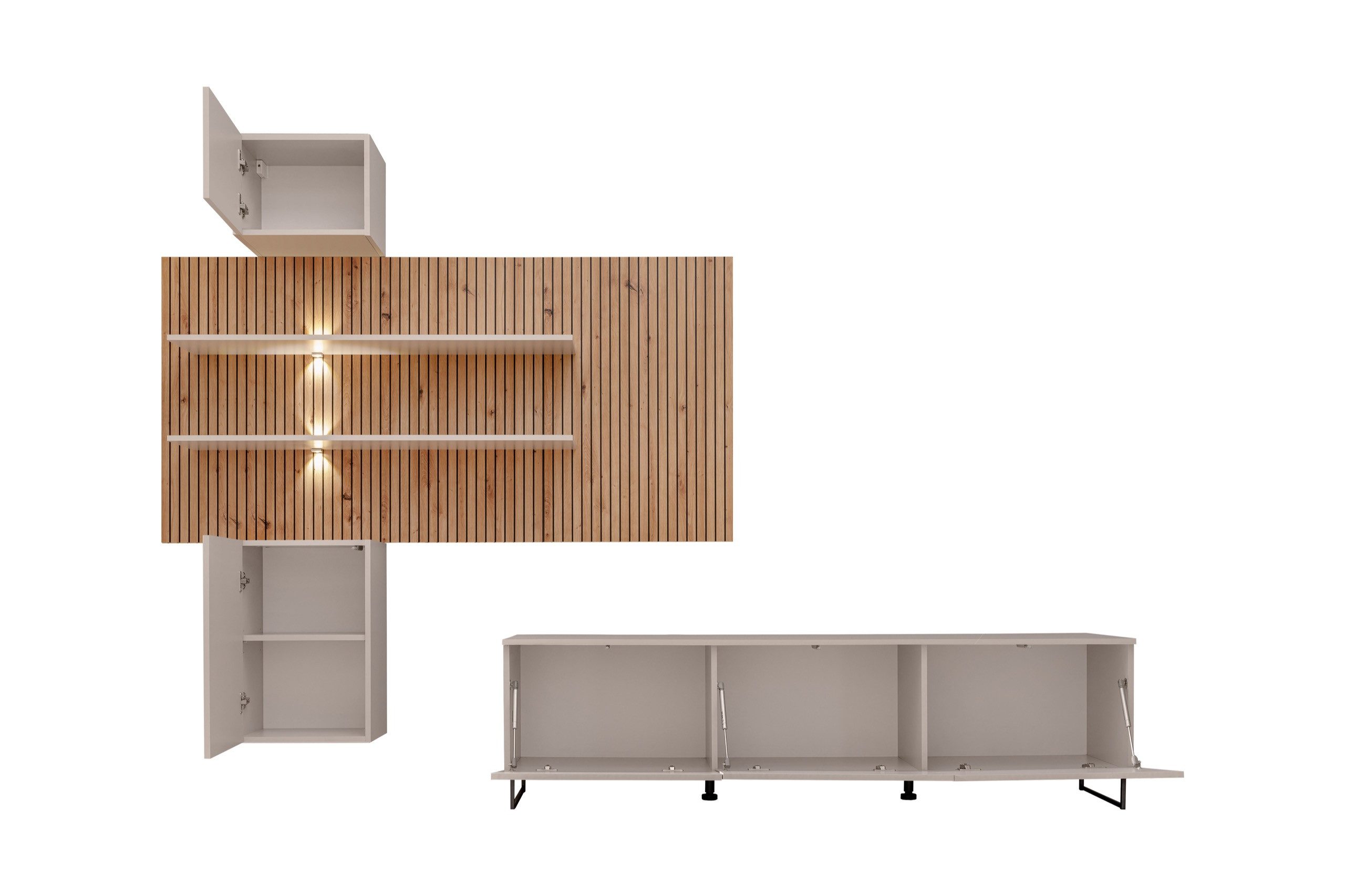 ASM-Moebel Wohnwand Wohnzimmer Schrankwand GUSTO PW A mit Led B. Push - Click, Mit Led Beleuchtung, Push-Click System und Lamellen Optik