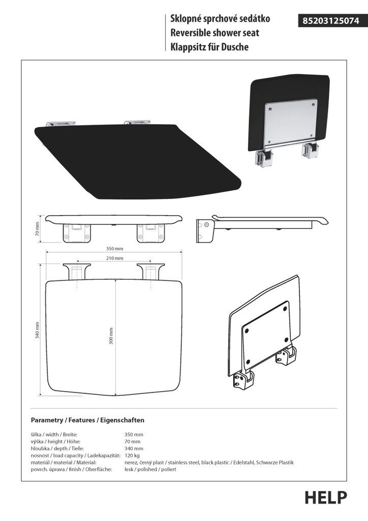 BRILLANTBAD® Duschhocker BELP Duschklappsitz Edelstahl poliert Kunststoff Schwarz Bad >> Bohren