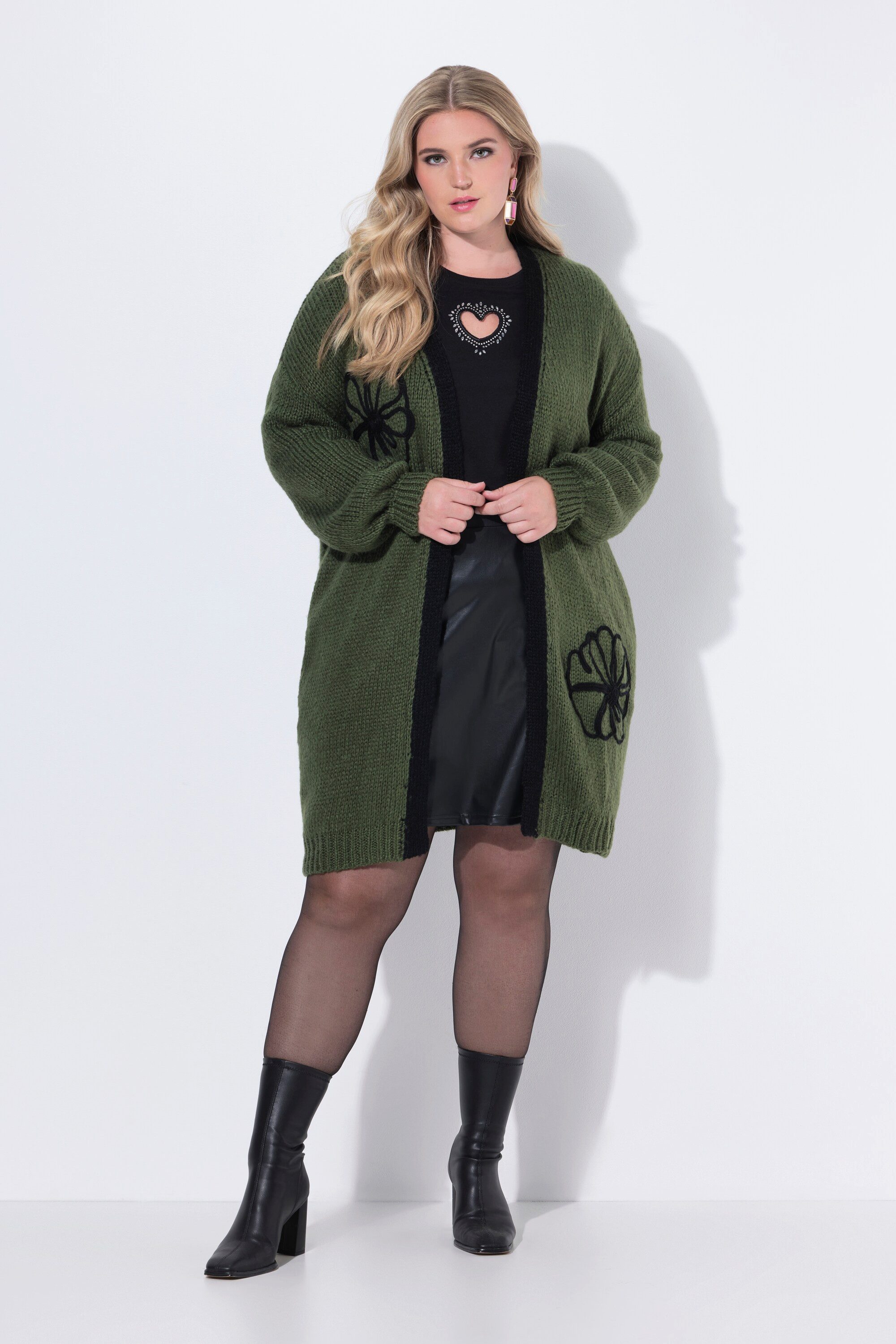 MIAMODA Strickjacke Long-Strickjacke Straight Fit Blumen-Stickereien