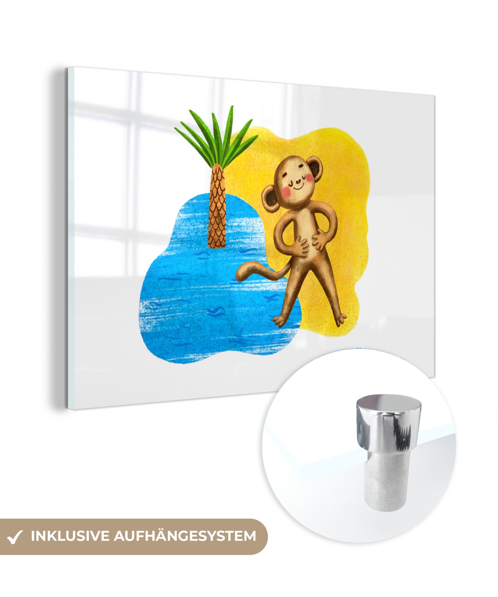 - St), (1 - Affe auf - Wandbild auf Foto Bilder Wanddekoration MuchoWow - Glasbilder Strand Glas Meer, - - Glas Acrylglasbild Palme