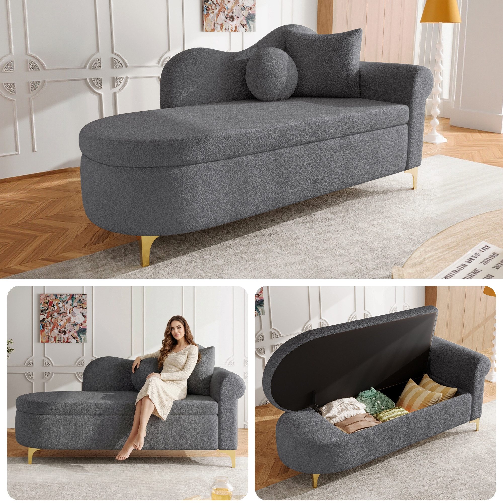 BlingBin Chaiselongue Multifunktionale Liege mit Stauraum, 134 cm, wellenförmige Rückenlehne, 1er Set 1 Teile, hochdichter Sitzkissen, inkl. Lendenkissen + Nackenkissen