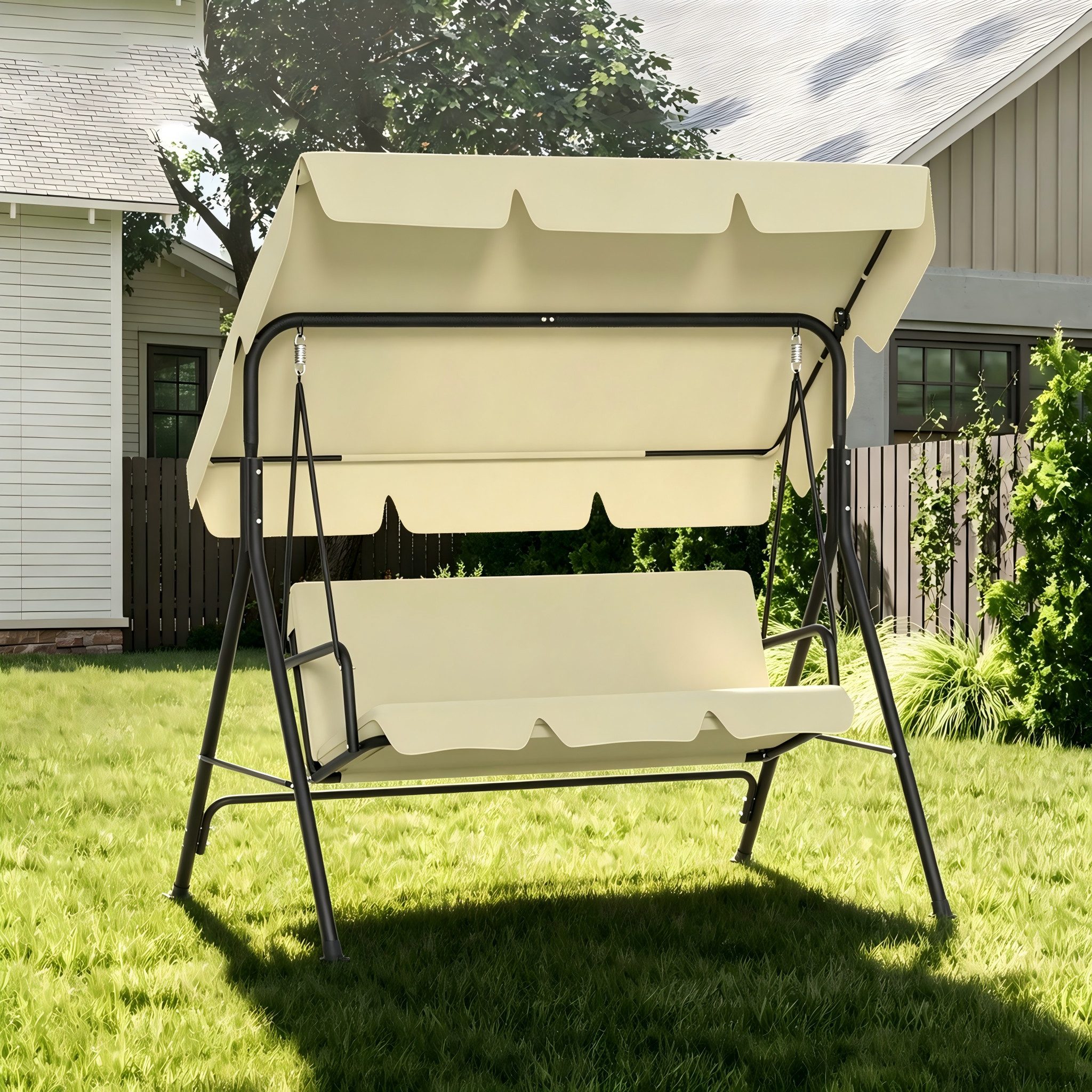 FIVMEN Hollywoodschaukel Gartenschaukel 3-Sitzer mit Verstellbarem Sonnendach weichem Kissen, 176x110x152cm, Metall Hängeschaukel mit Verstellbarem Sonnendach Liegefunktion