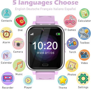 BAUISAN Smartwatch (1,4 Zoll), Kindermit Anruf SOS Spiele Musik Kamera Wecker Taschenlampe Kinderuhr