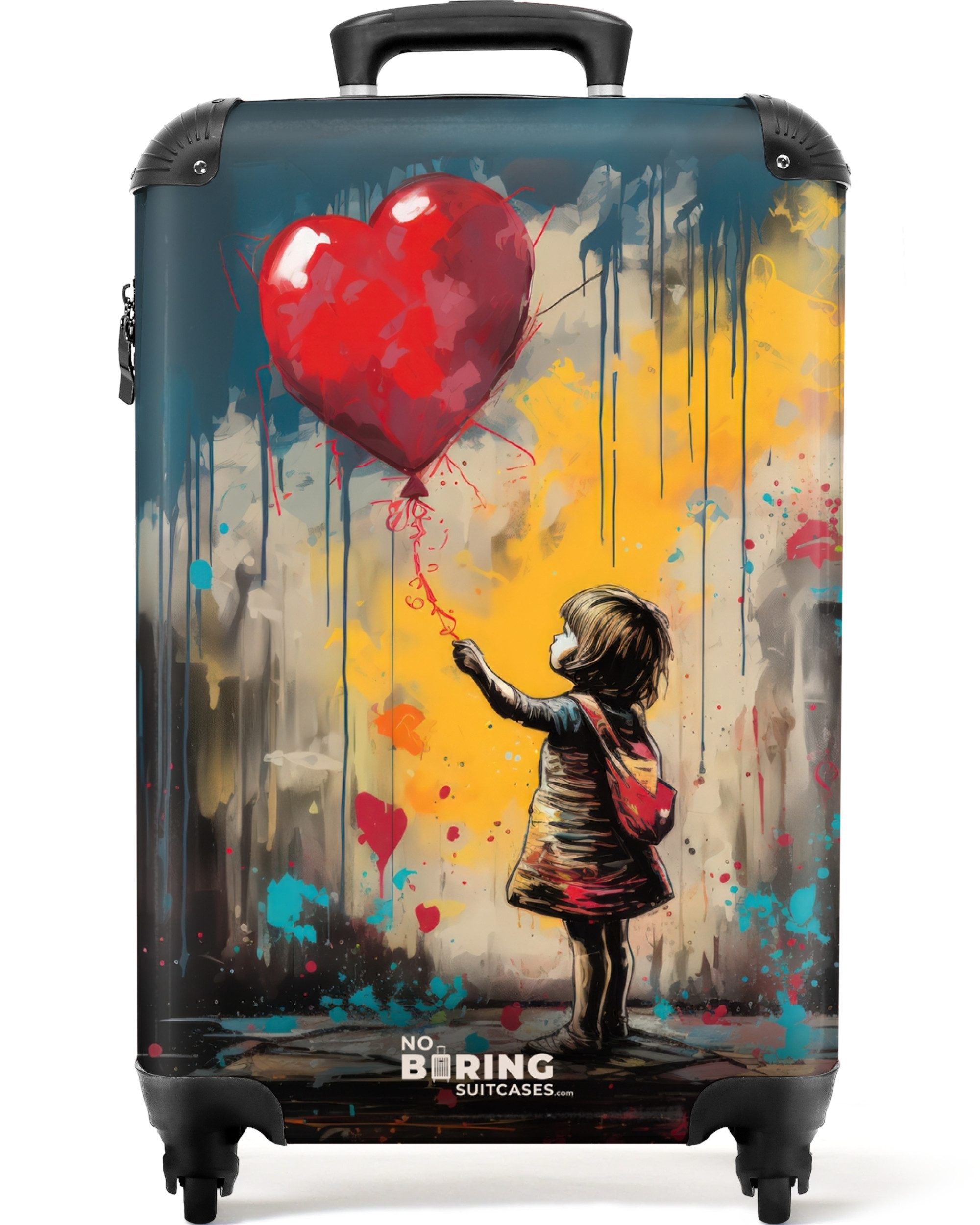 NoBoringSuitcases.com© Hartschalen-Trolley Mädchen mit Luftballon im Graffiti-Stil 55x35x20cm, Reisetasche mit Rollen, Koffer Handgepäck Flugzeug