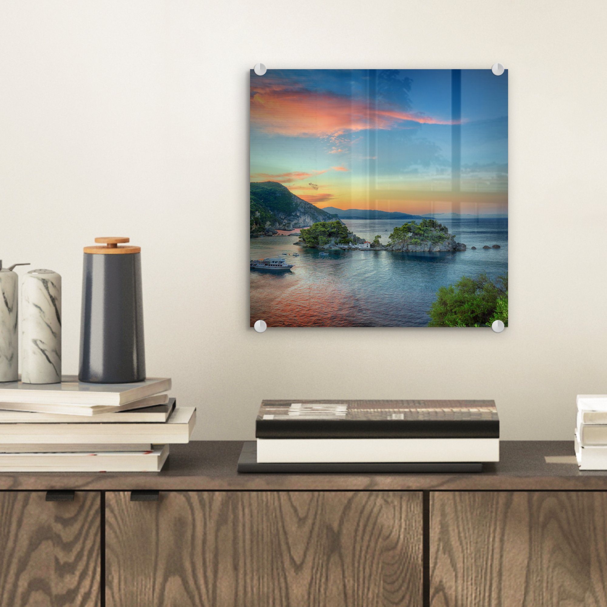 (1 Sonnenaufgang - auf Insel Acrylglasbild Bilder - auf Wandbild Parga, Glas in Glas Foto einer MuchoWow Wanddekoration Glasbilder auf - St),