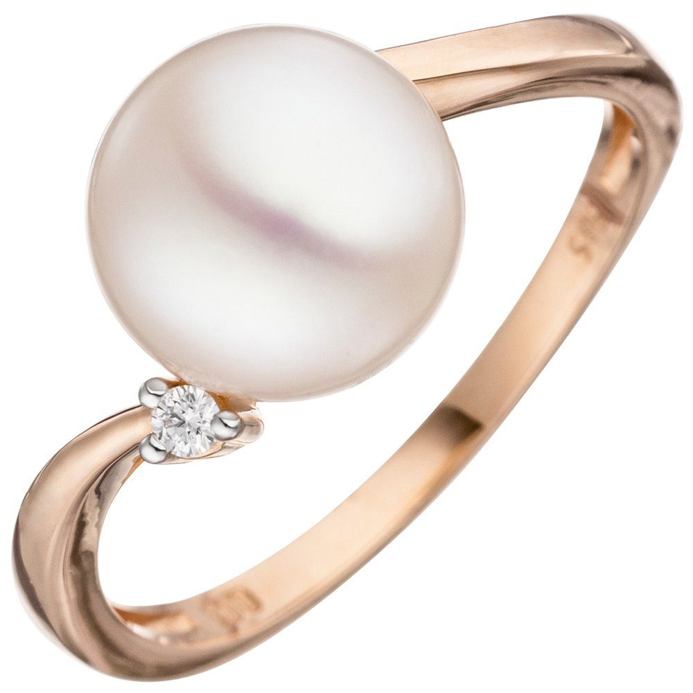 Schmuck Krone Fingerring Ring Damenring mit Süßwasser Perle weiß & Diamant Brillant 585 Gold Rotgold, Gold 585