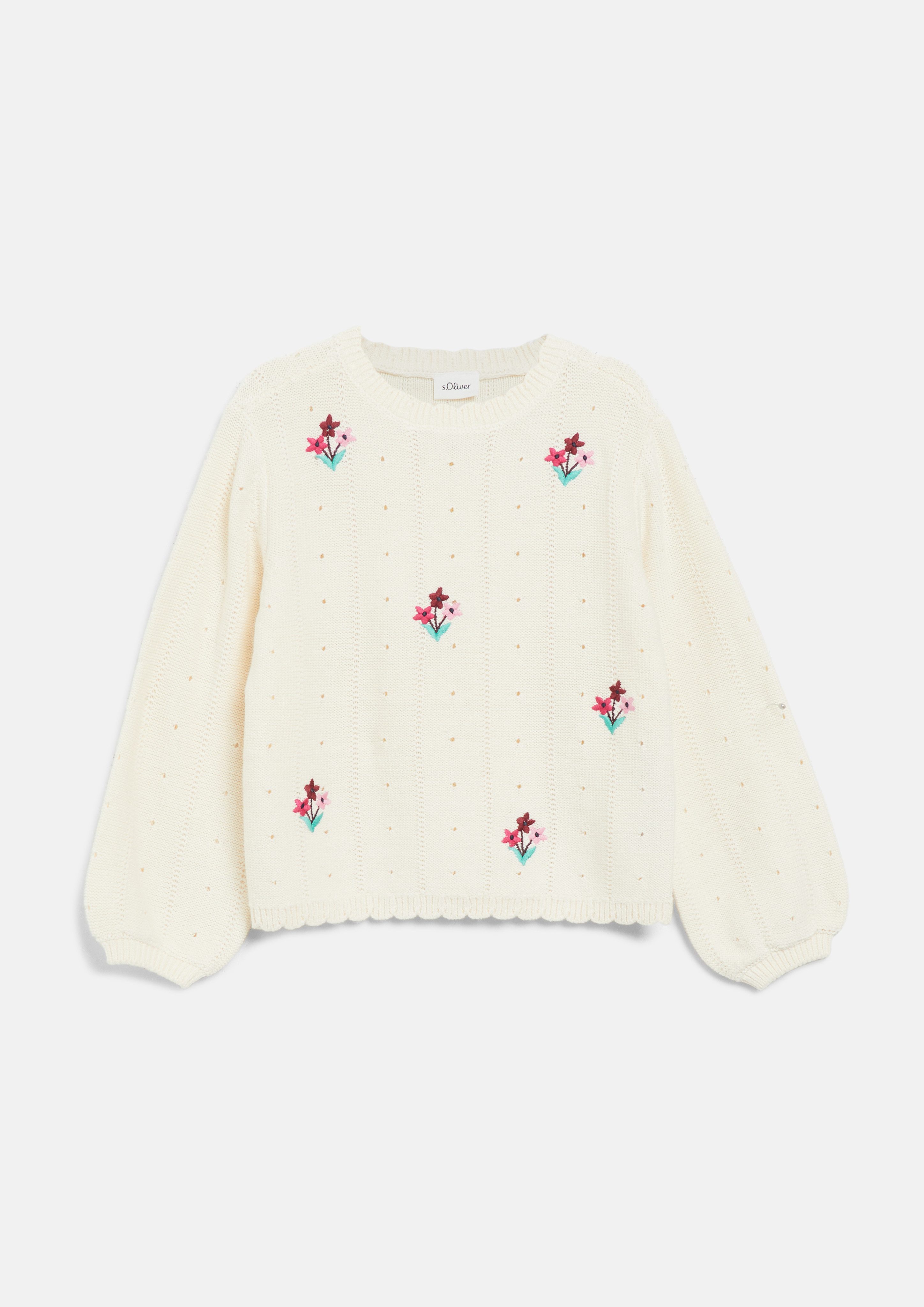 s.Oliver Junior Strickpullover mit feiner Blumen-Stickerei / Häkel-Details / für Girls