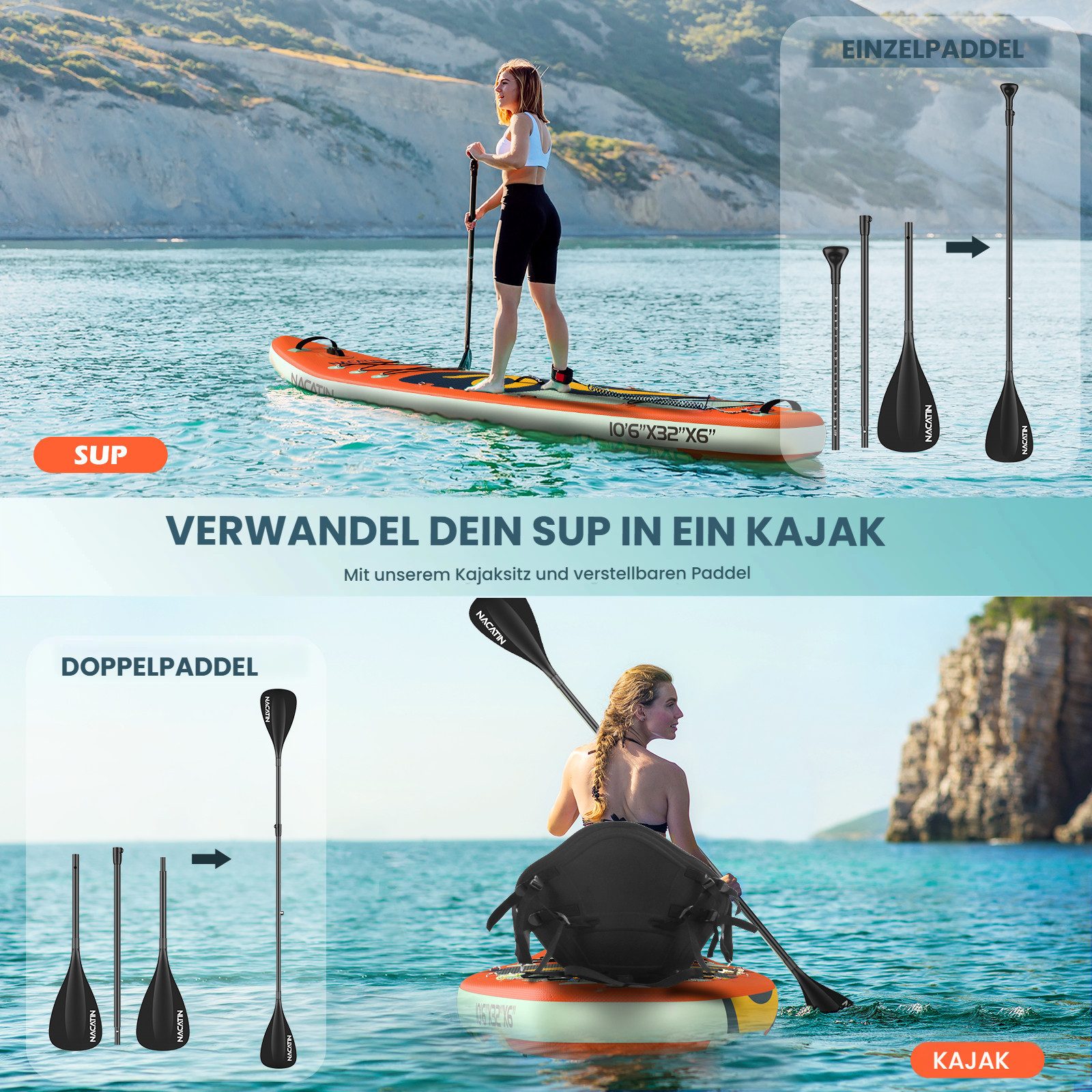 NACATIN Inflatable SUP-Board Aufblasbares SUP Board 10'6", Allround-Board, 200 kg Tragkraft, Inflatable SUP Board, mit Kajaksitz, Zubehör, Paddel, Pumpe, 10L Ta – Bild 5 von 5