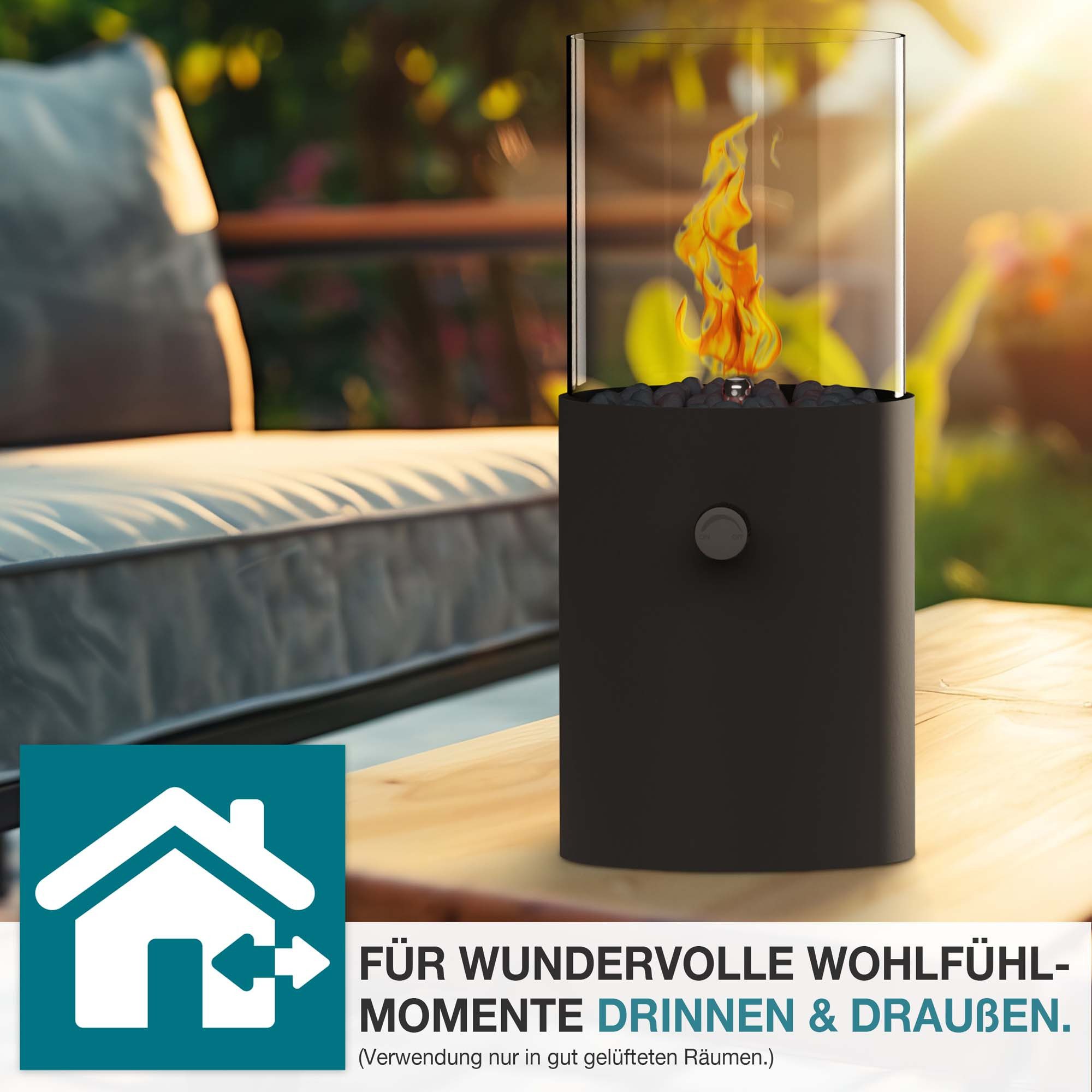TOM Tischfeuer Tischkamin mit Gas mit 3x 190g Gas-Kartuschen, 12h Brenndauer, Dekosteine, Rund, Outdoor, Indoor