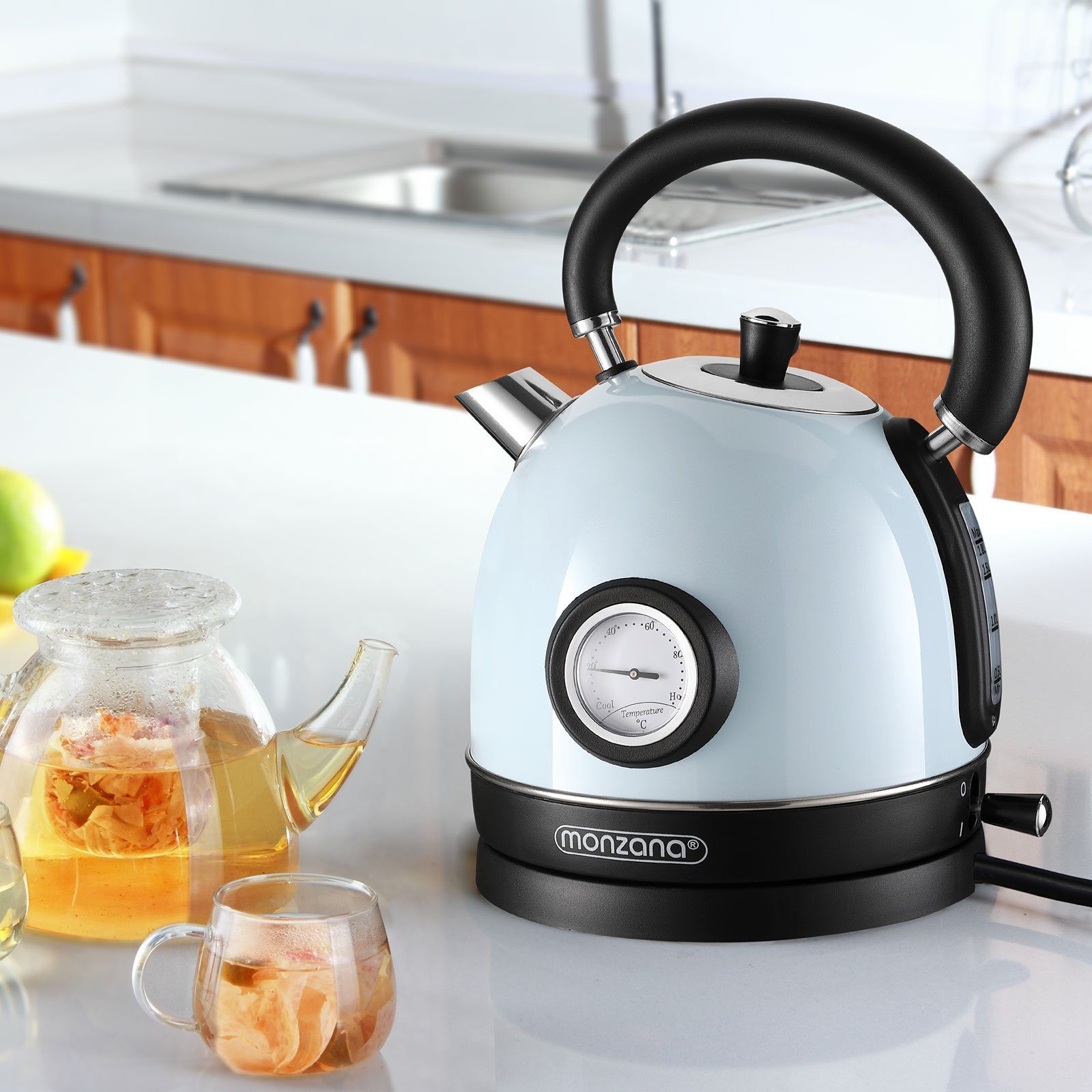 monzana Wasserkocher, 1.8 l, 2200 W, Kabellos BPA Frei Überhitzungsschutz Retro Design Edelstahl Küche Teekocher Kocher Blau