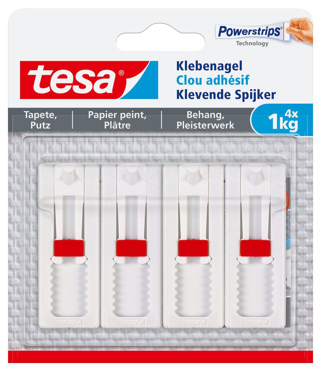 tesa Klebehaken Klebehaken mit max. 1 kg Haltekraft für Bilder - verstellbar, (4-St), Klebenagel - POWERSTRIPS Doppelseitig - Tapete & Putz - 2 x 2er Pack
