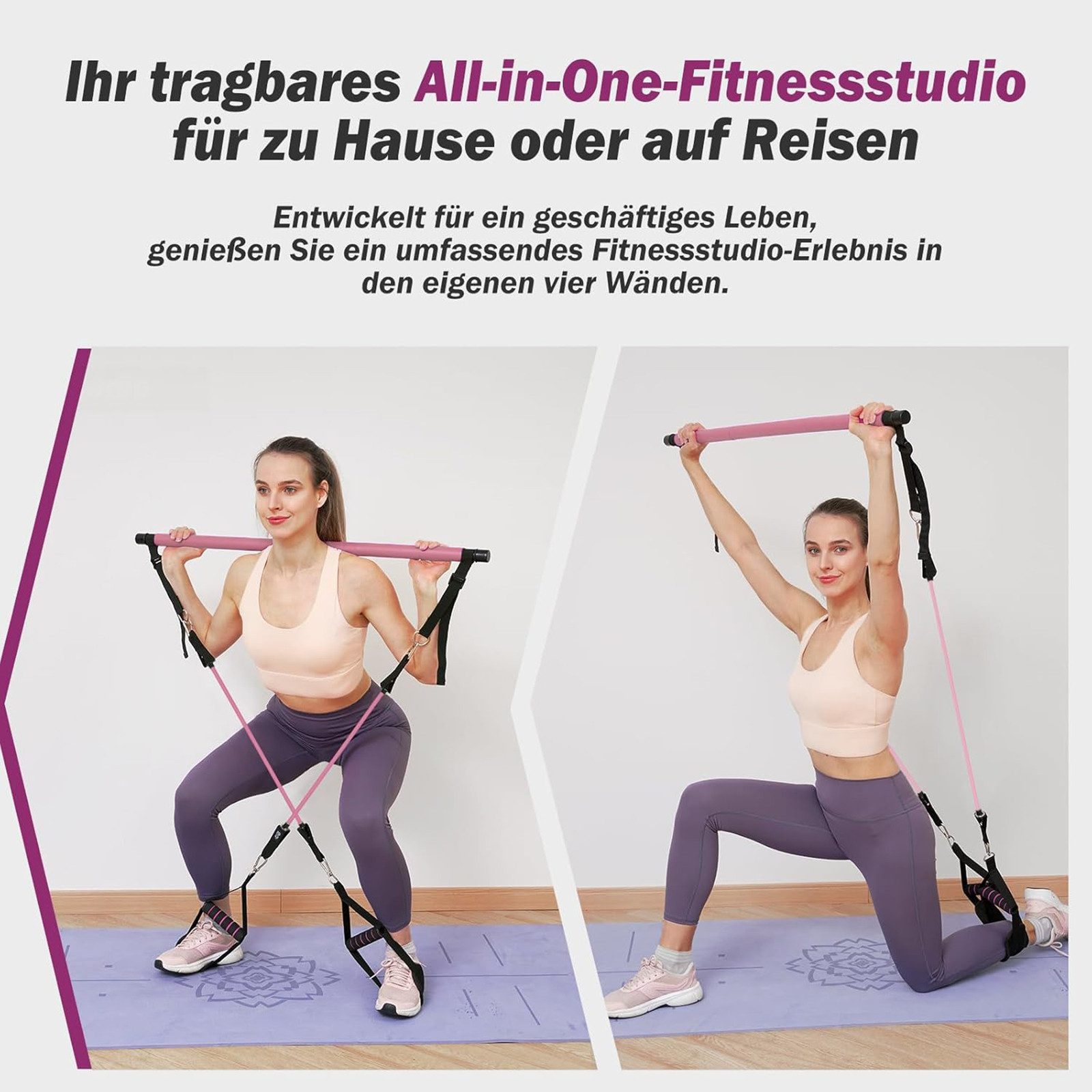 SURFOU Trainingsbänder Pilates Bar Set: Fitnessstange mit 6 Bändern für Krafttraining, Yoga, Verstellbare Bänder für Arme, Beine & Hüfte, für Damen & Herren