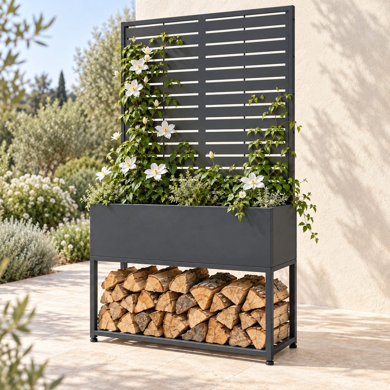 HAGO Kaminholzregal Feuerholzregal Brennholzregal Frühbeet Lager Raumteiler Blumenkasten, BxTxH:90x40x170 cm, Wetterbeständig, mit Rankgitter, mit Blumenkasten, Frühbeet, Outdoor