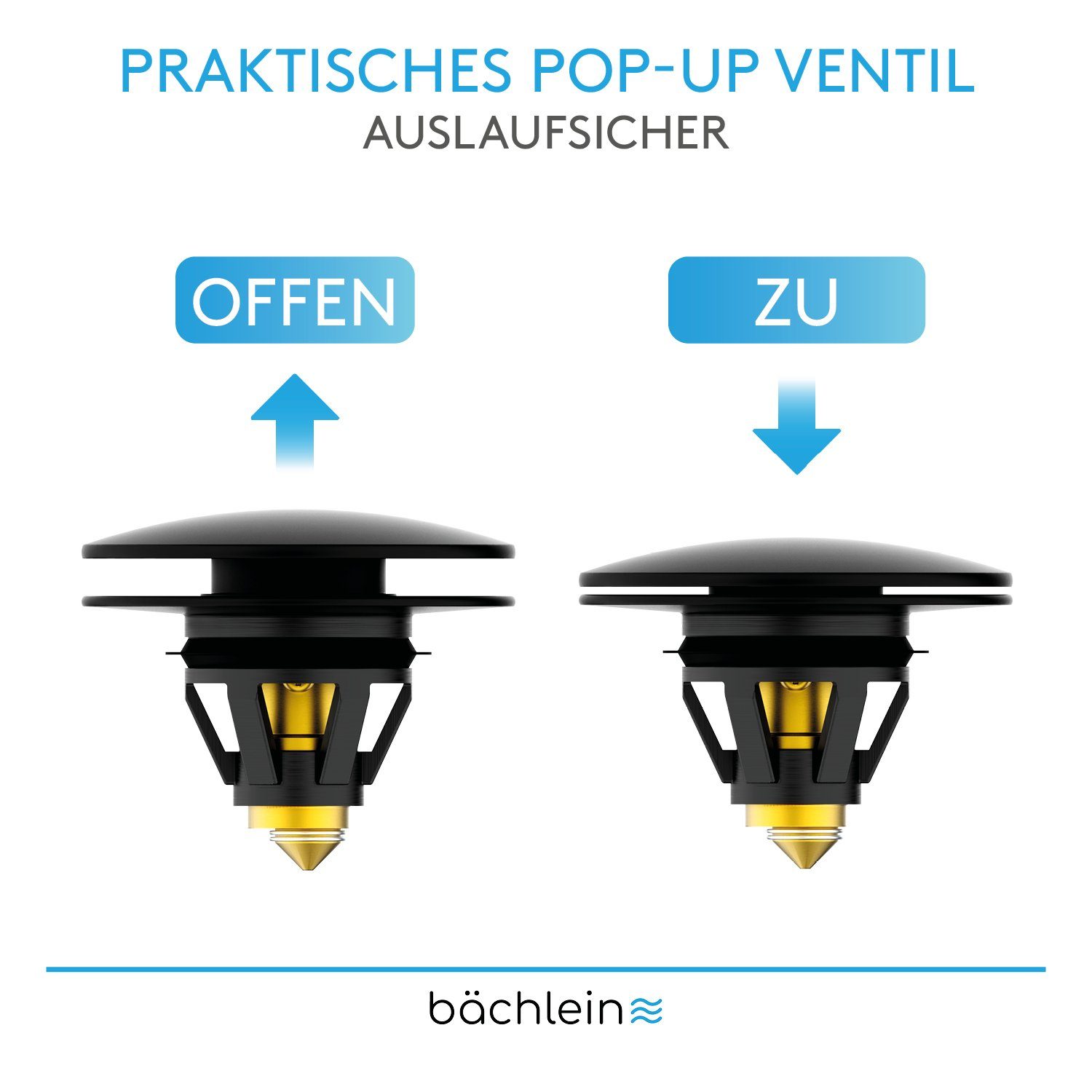 Bächlein Waschbeckenstöpsel Pop-Up Waschbeckenstopfen, (Schwarz-matt), Stöpsel mit integriertem Haarsieb für Abläufe Ø 40 mm