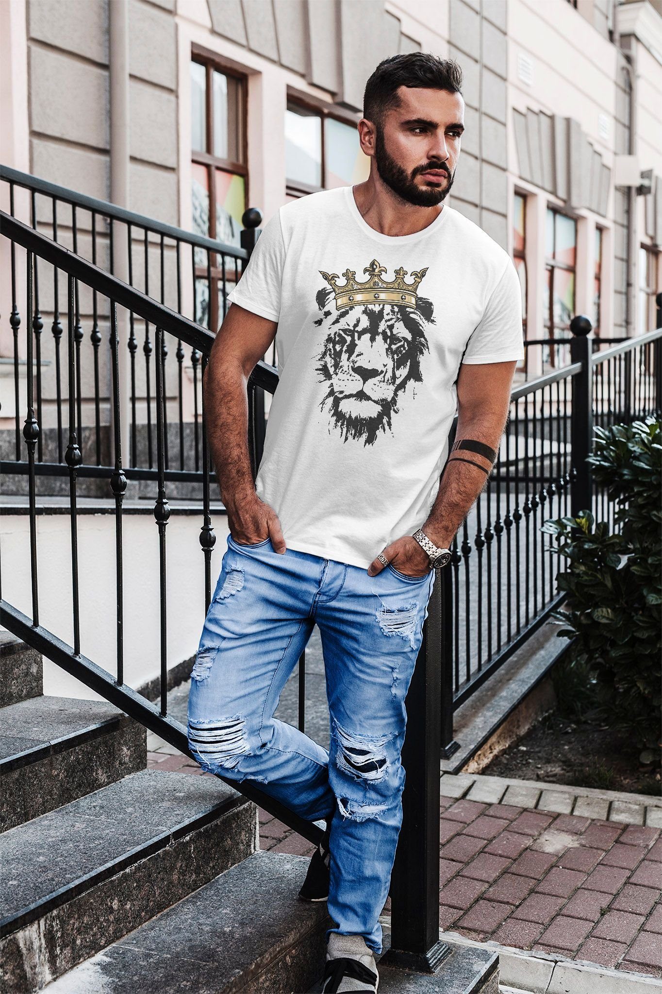 Fit mit der Neverless® Krone Print weiß Slim Tiere Neverless Herren mit T-Shirt Löwen-Kopf König Print-Shirt