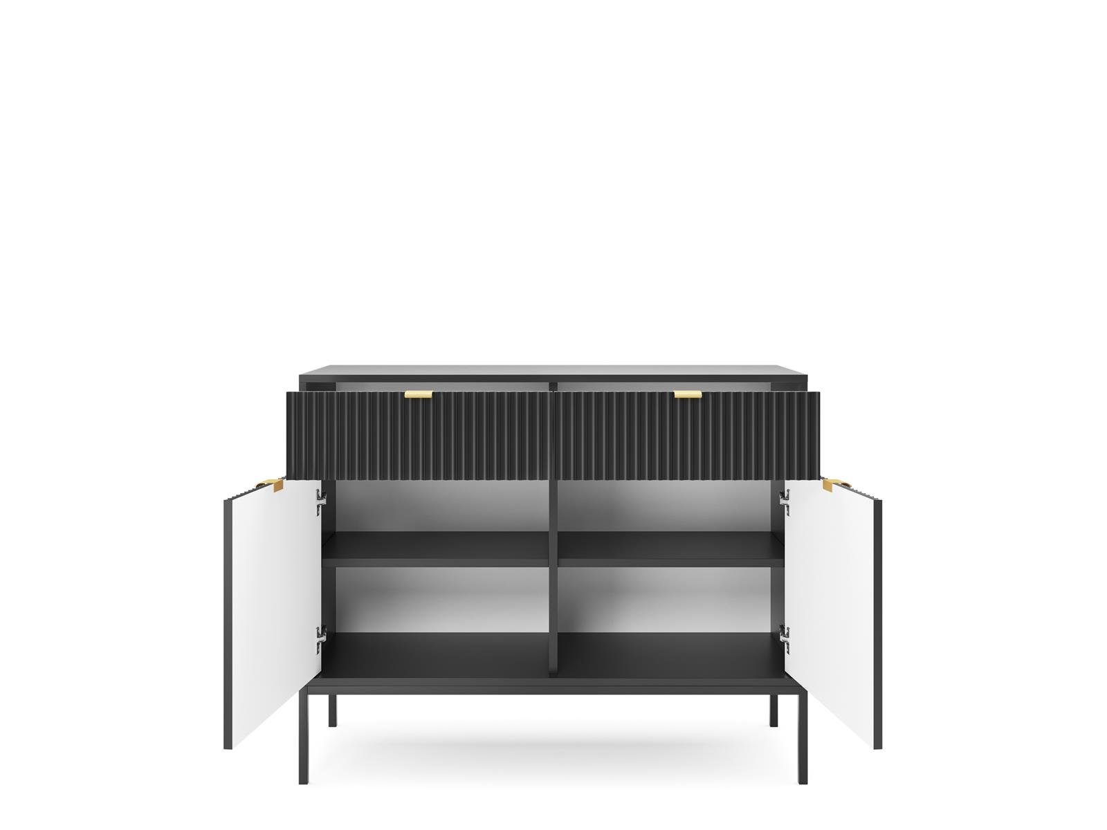 Novia Weiß Sideboard gefrästes Grau zwei Schubladen für (Hochkommode Kommode Farbe), II Beautysofa mit Schwarz Türen zwei Muster, Wohnzimmer, / und / mit