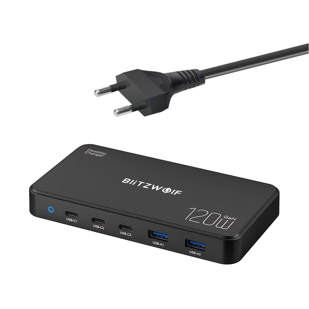 BLiTZWOLF Laptop-Dockingstation 120W 5-Port USB PD Ladegerät 2 USB-A + 3 USB-C, PD3.0 QC3.0 für iPhone Samsung iPad Adapter
