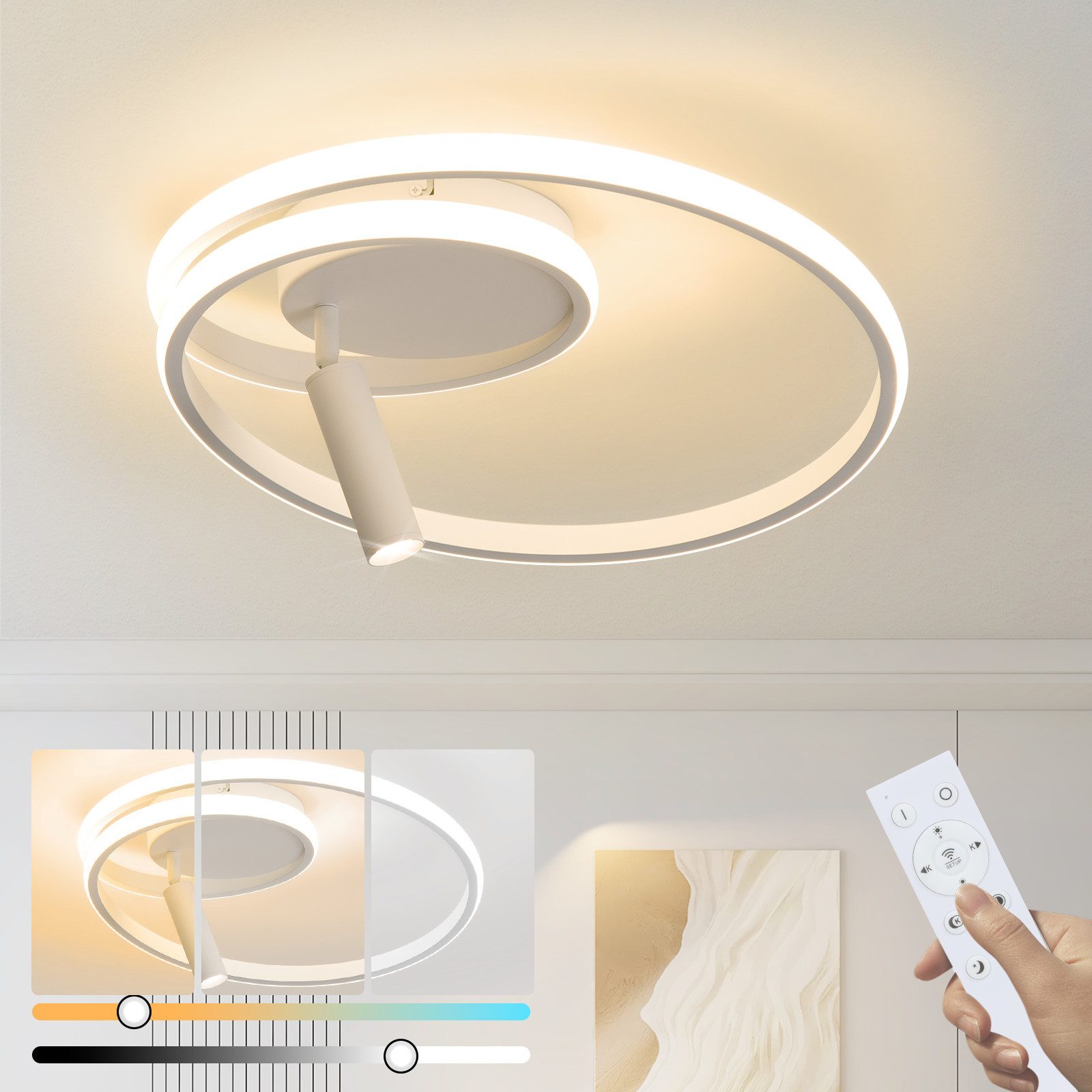 ZMH LED Deckenleuchte LED Deckenleuchte 40cm Schwarz/ Weiß Dimmbar 37W Deckenspot, LED fest integriert, LED dimmbar 37w Deckenlampe mit Spot