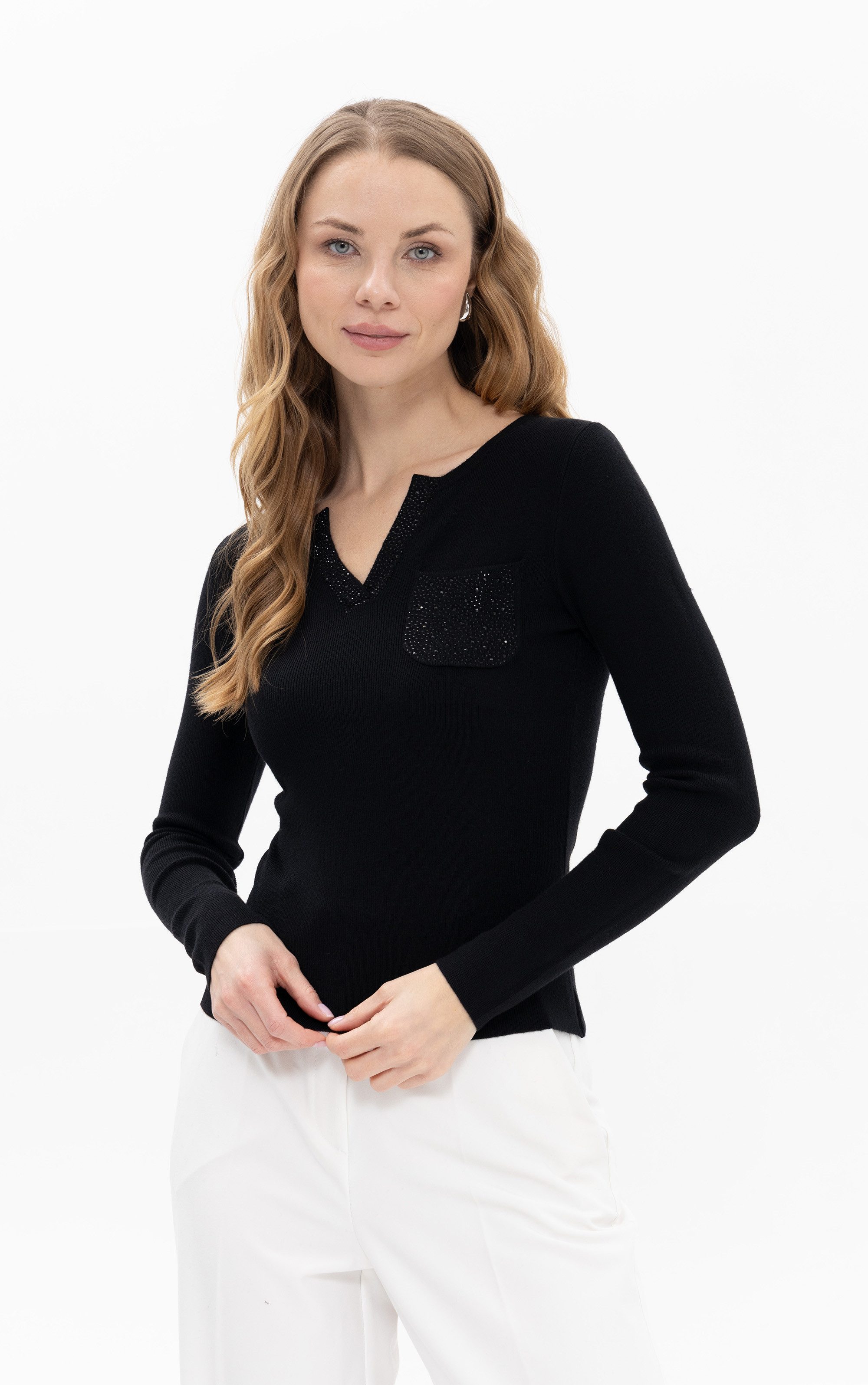 Passioni Strickpullover mit V-Ausschnitt und Strasssteinen günstig online kaufen