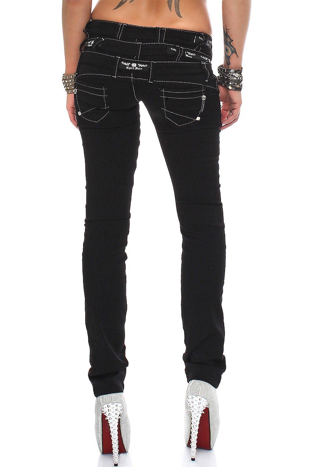 Cipo & Baxx Regular-fit-Jeans Damen Regular Fit Hose Mid Waist BA-CBW0313 (1-tlg) mehrfache Logos und aufgenähte Reißverschlüsse