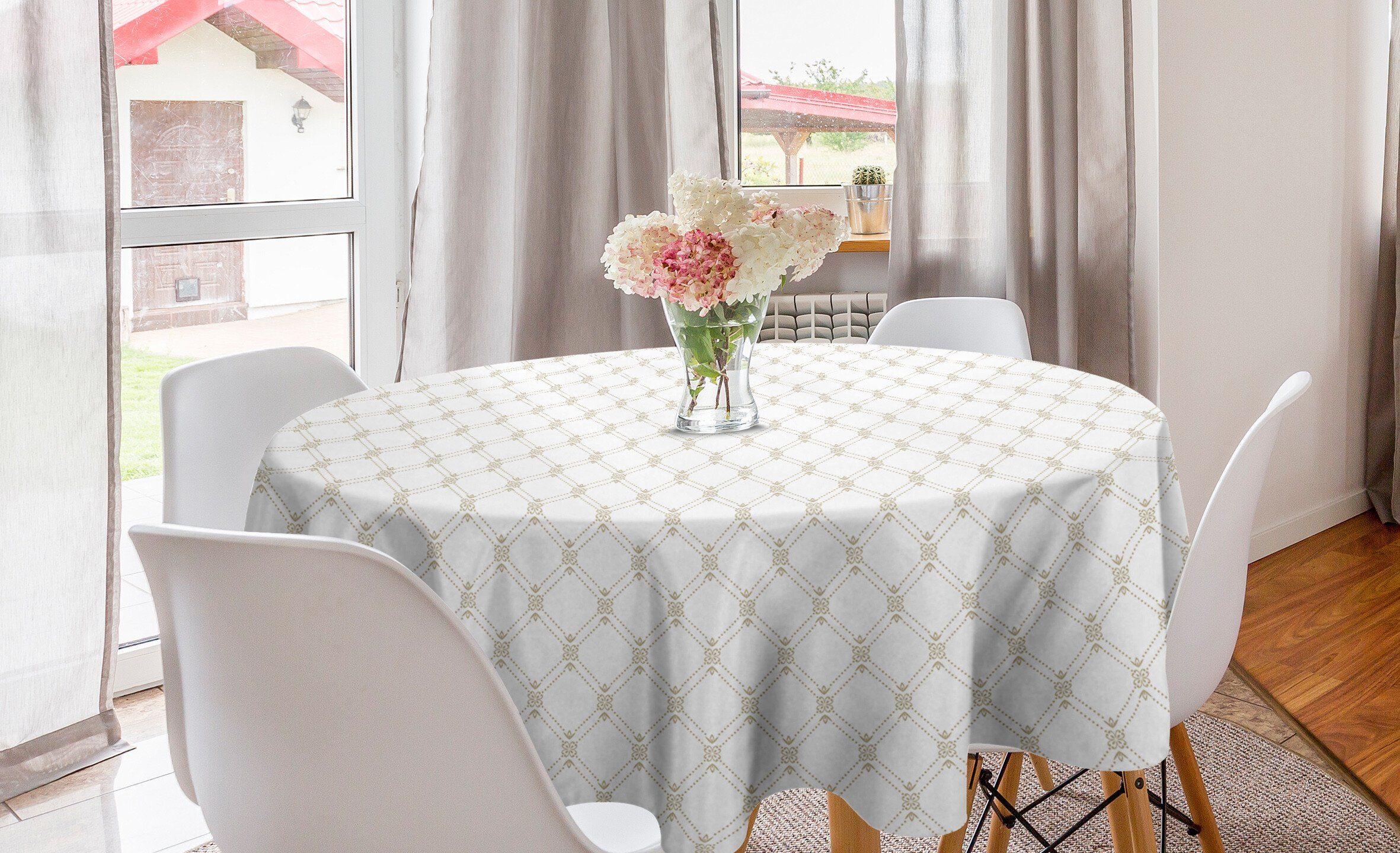 Abakuhaus Tischdecke Kreis Tischdecke Abdeckung für Esszimmer Küche Dekoration, Gitter Dots und floralen Elementen