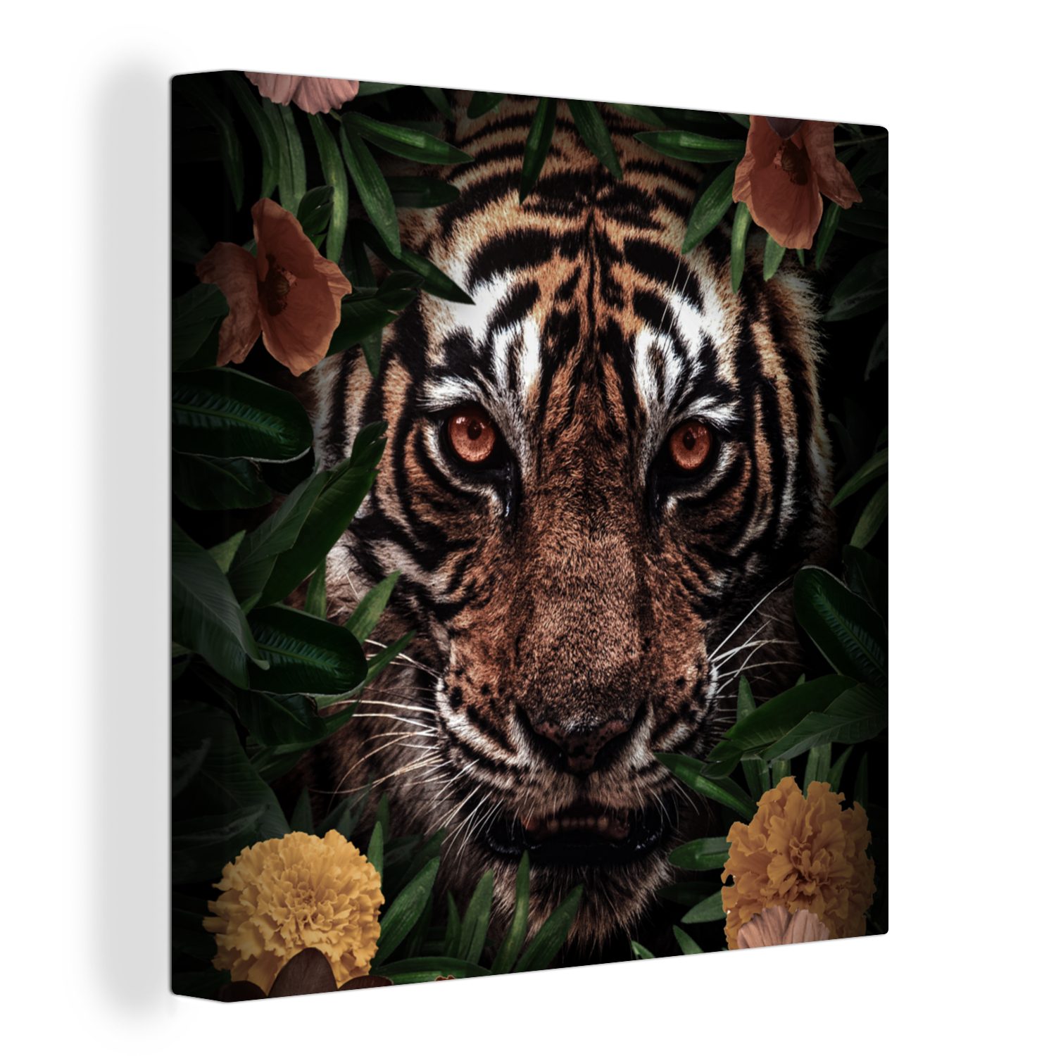 OneMillionCanvasses® Leinwandbild Tiger - Dschungel - Blumen, (1 St), Leinwand Bilder für Wohnzimmer Schlafzimmer