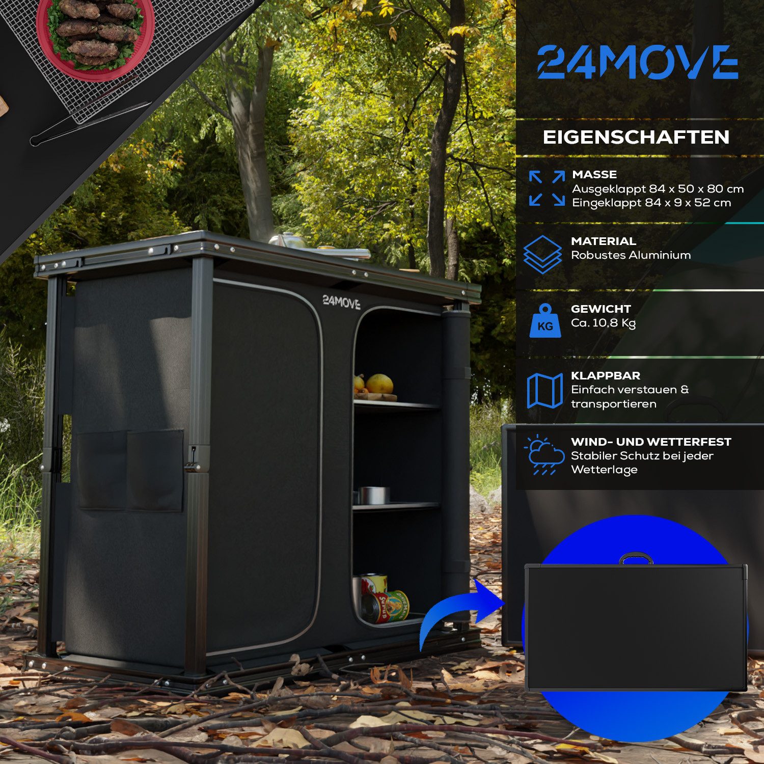 24Move Campingschrank Campingküche AVERSA faltbar, Aluminium Reiseküche mit Staufächern (Aluminium Reiseküche mit Staufächern, Campingküche AVERSA faltbar) Stabil, kompakt, mit Stauraum, leicht transportierbar, pflegeleicht