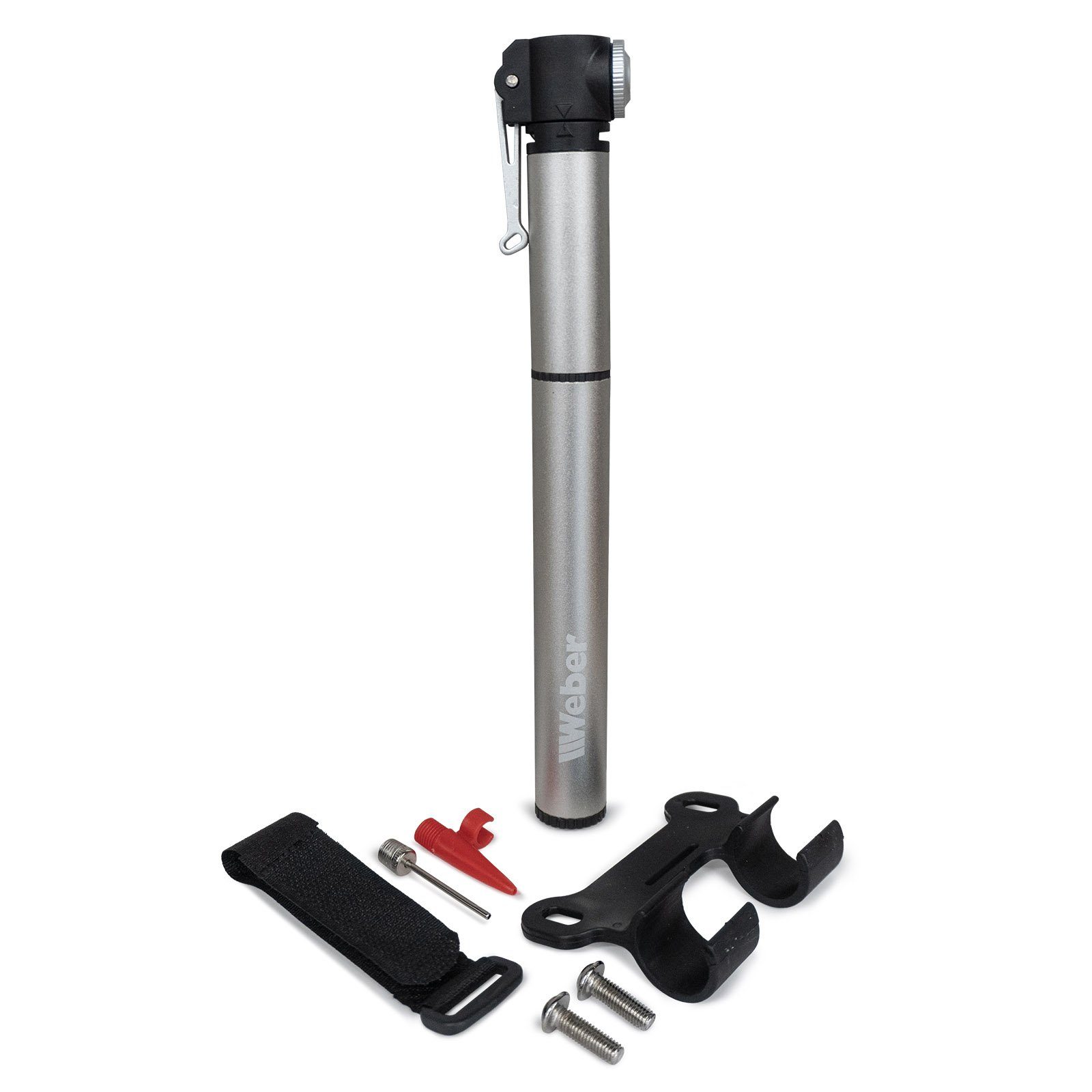 Weber GmbH Luftpumpe Weber Fahrrad Minipumpe Luftpumpe 7 bar mit Schlauchverlängerung (Set, inkl. verschiedene Ventilaufsätze und Befestigungsmaterial), mit Befestigungsset, Adapter, silber