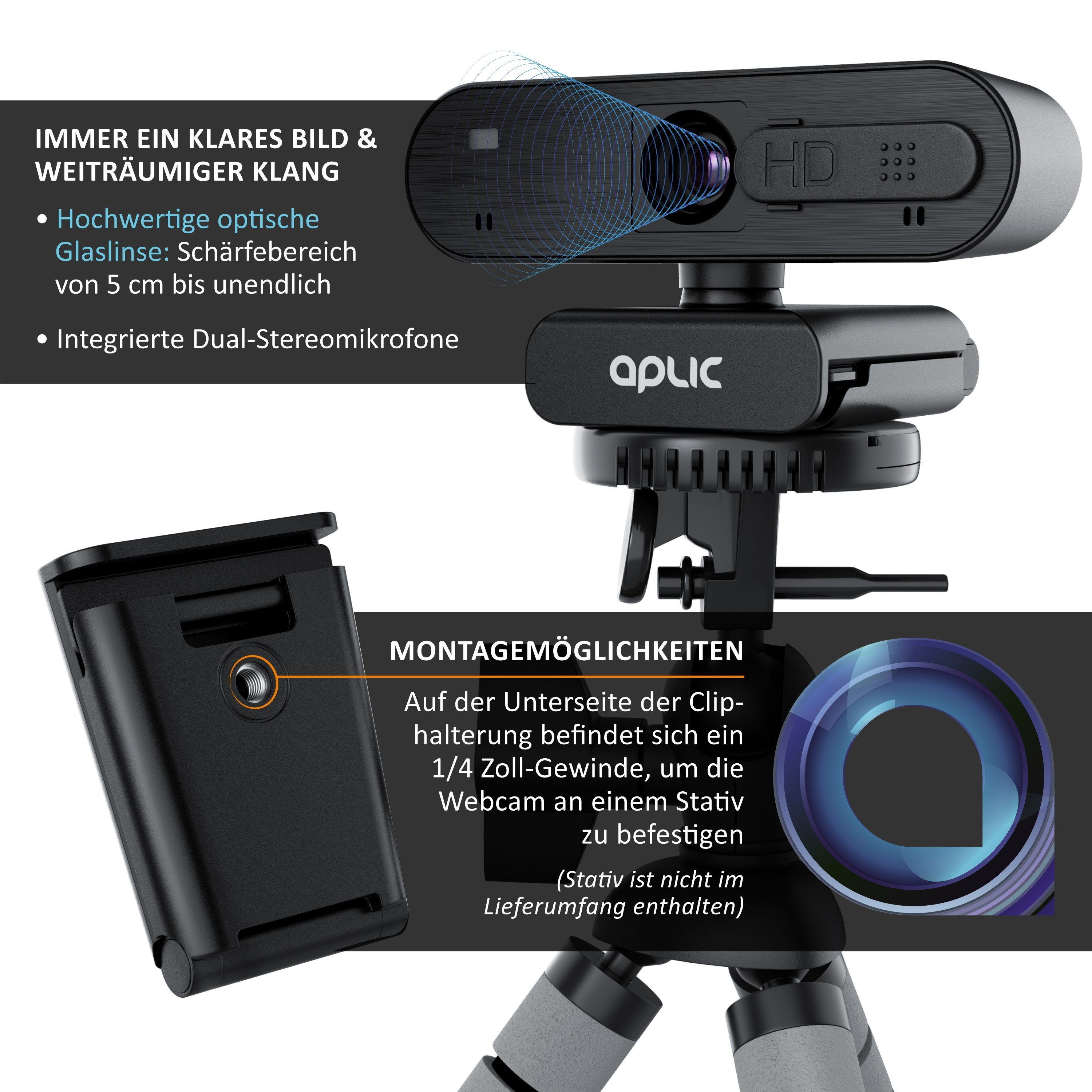 Aplic Full HD-Webcam (Full Shutter schwarz1 Autofokus, Sichtschutz, Privacy 1920x1080@30Hz, HD, Stereomikrofon)