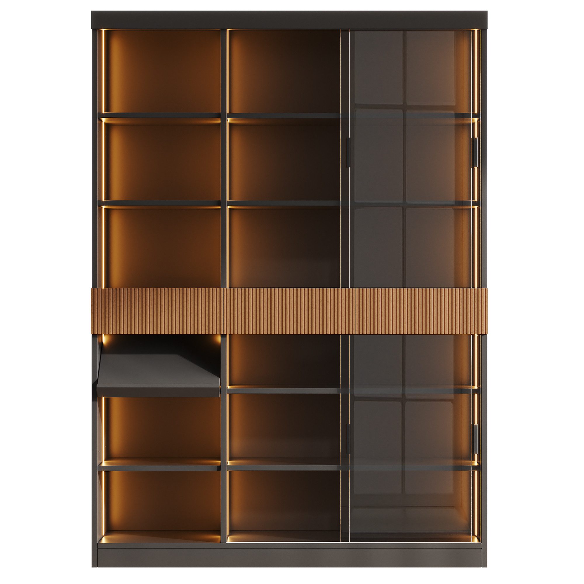 Flieks Glasvitrine mit LED-Beleuchtung, 4 Glasschiebetüren, 3 Schubladen, Klappablage (Wohnzimmerschrank mit verstellbarer Einlegeböden, 1-St., 120x28,5x180 cm) – Bild 3 von 5