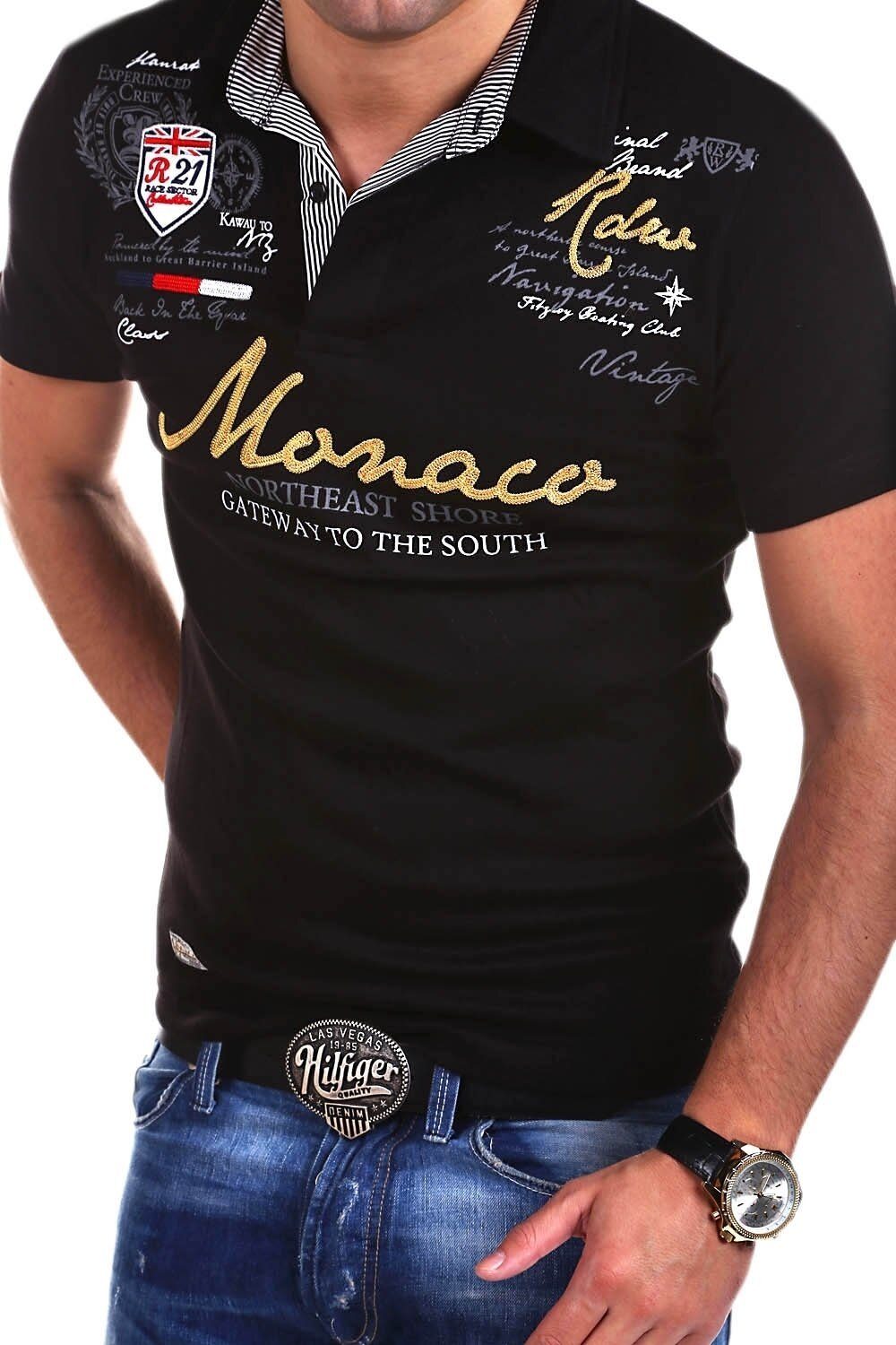 behype Poloshirt MONACO mit sportiven Patches & Prints schwarz