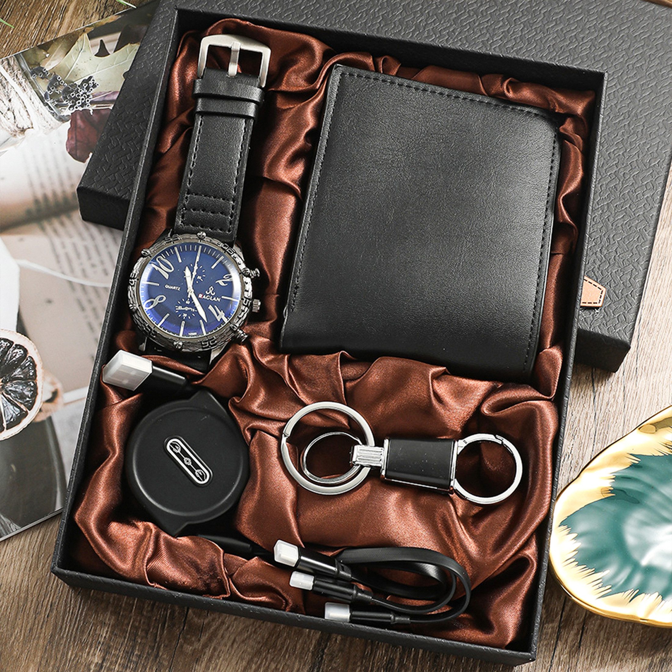 Quarzuhr 4PCS für Männer Herrenuhr Set mit 3in1 Datenkabel,Geldbörse