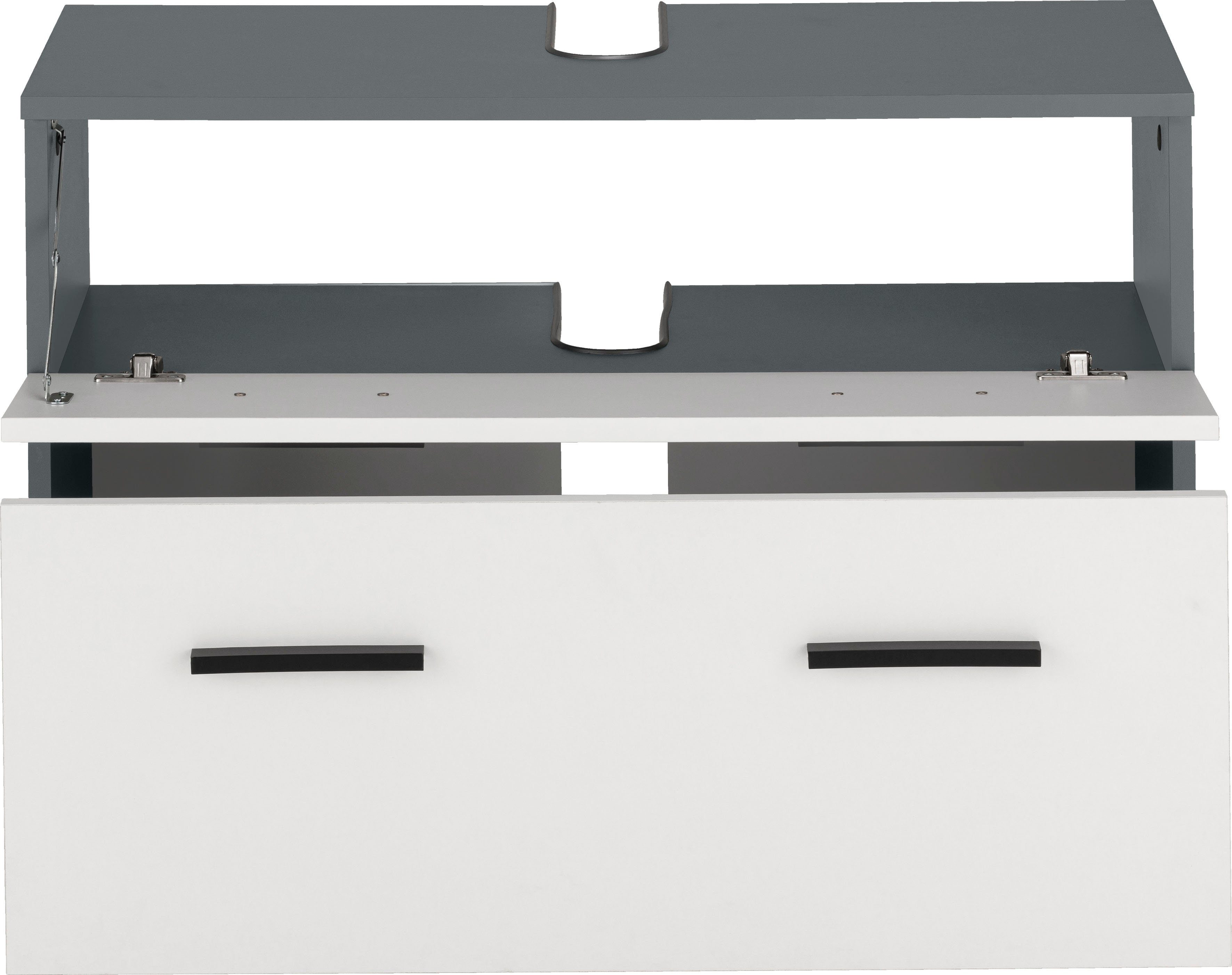 INOSIGN Waschbeckenunterschrank Skara mit Höhe anthrazit/weiß Breite Schubkasten, schwarze 55 Klappe cm und 80 cm, Griffe