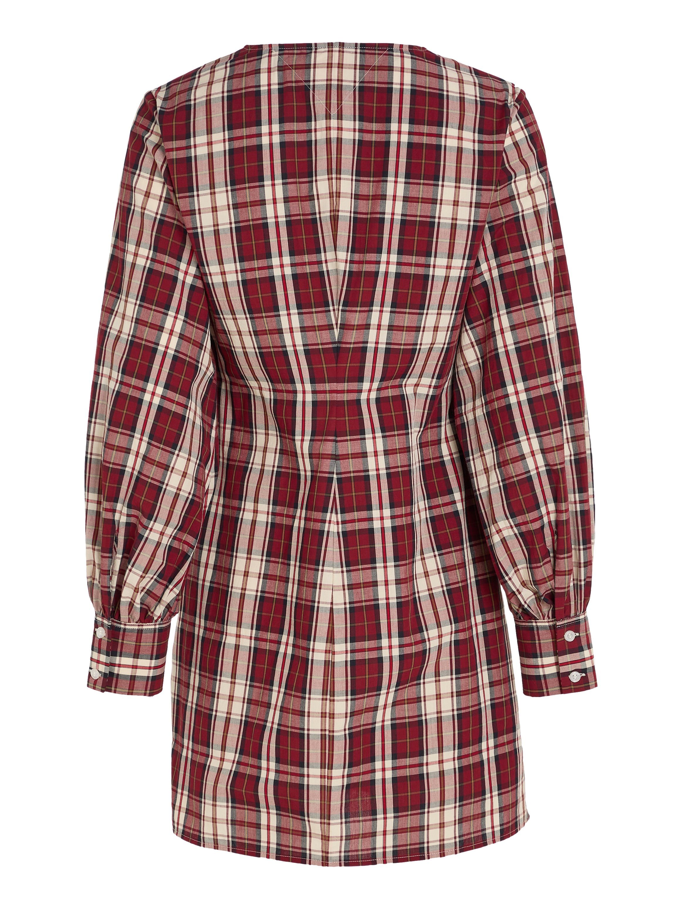 2-Knopf-Manschetten Hilfiger CO DRESS Blusenkleid SHIRT V-NECK Tommy TARTAN mit