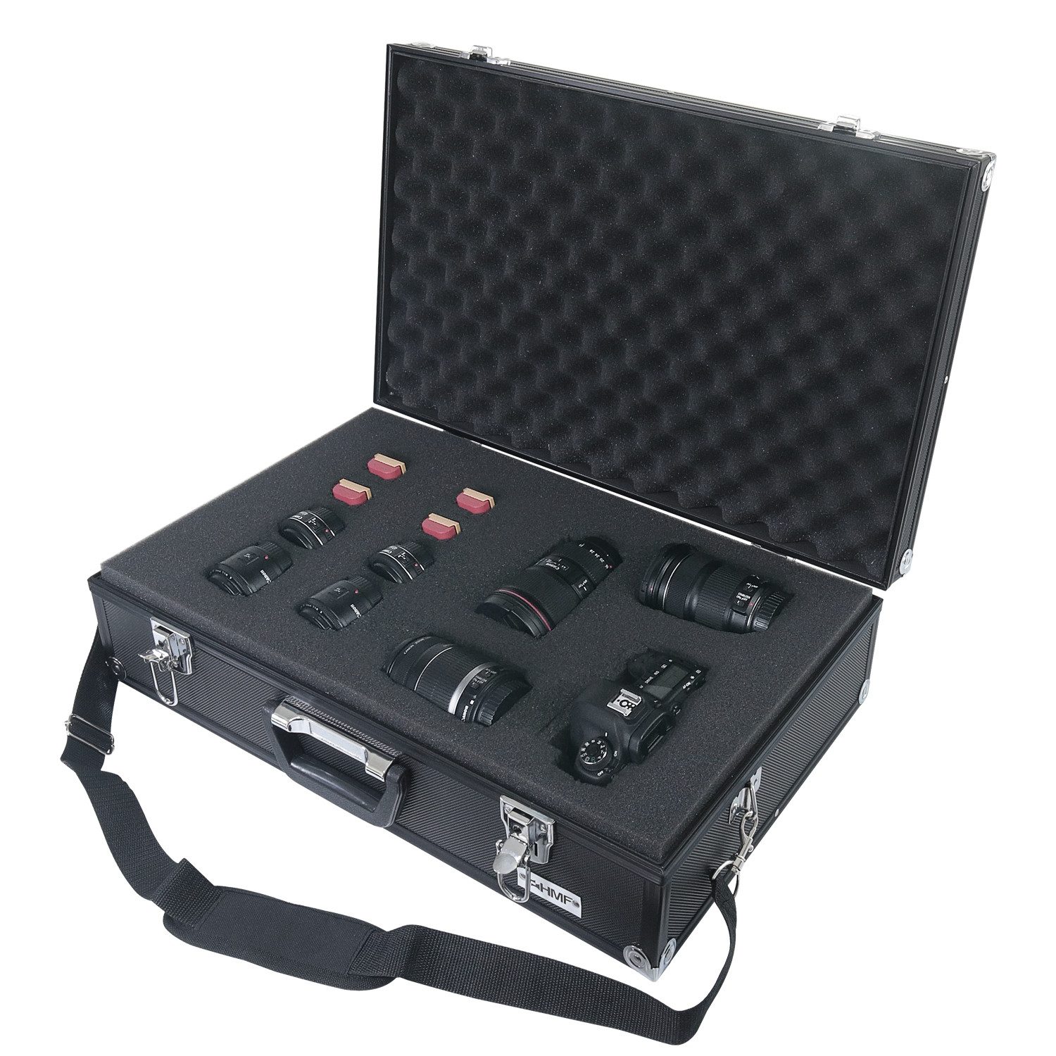 HMF Kameratasche Alu Fotokoffer, Waffenkoffer mit Rasterschaumstoff (inkl. Schultergurt), Waffenkoffer mit Rasterschaumstoff, 56,5 x 36 x 16 cm, Schwarz