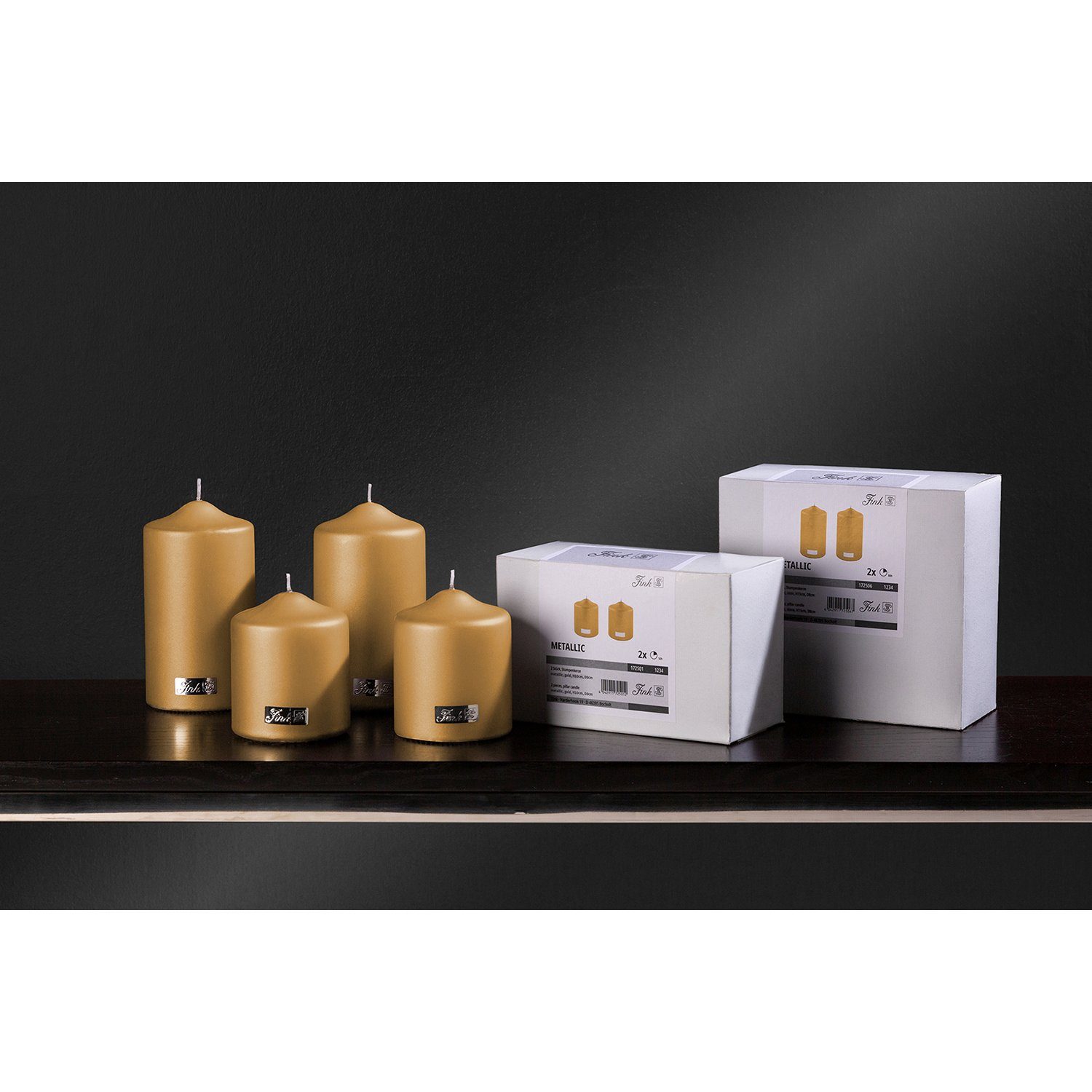Fink Stumpenkerze CANDLE 2er Set Stumpenkerzen - goldfarben - Paraffin - H. 10cm x B.8cm (1-tlg., Dicke Kerzen - Großkerzen), Säulenkerzen Blockkerzen Zylinderkerzen - Elegante Standkerzen