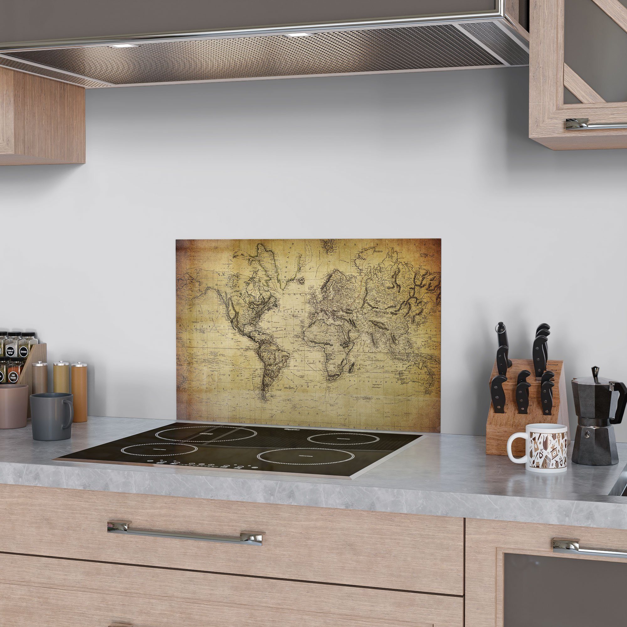 Herdblende Badrückwand 'Alte Spritzschutz Glas DEQORI Weltkarte', Küchenrückwand