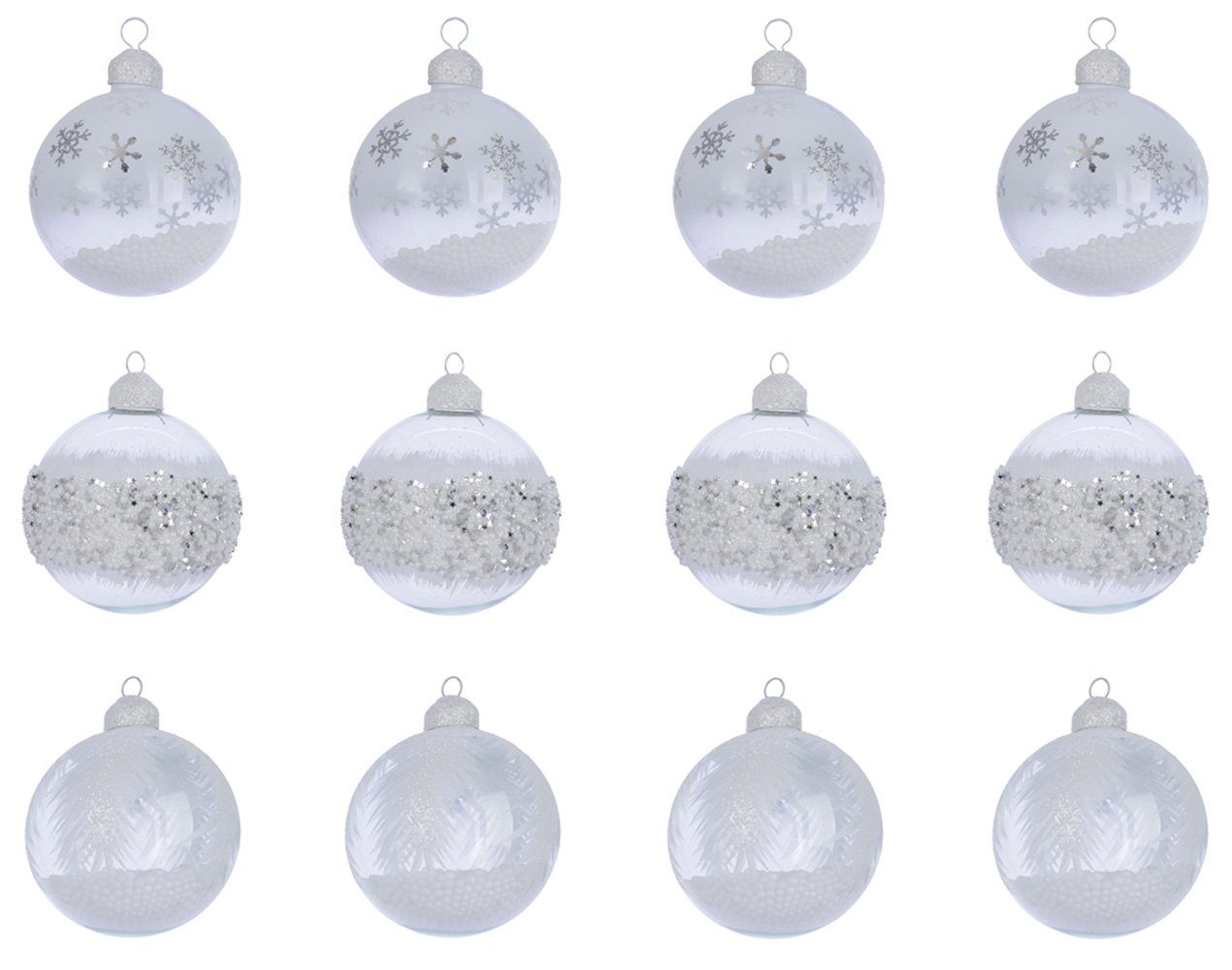 Decoris season decorations Weihnachtsbaumkugel, Weihnachtskugeln Glas mit Motiv gefüllt 8cm klar / weiß, 12er Set