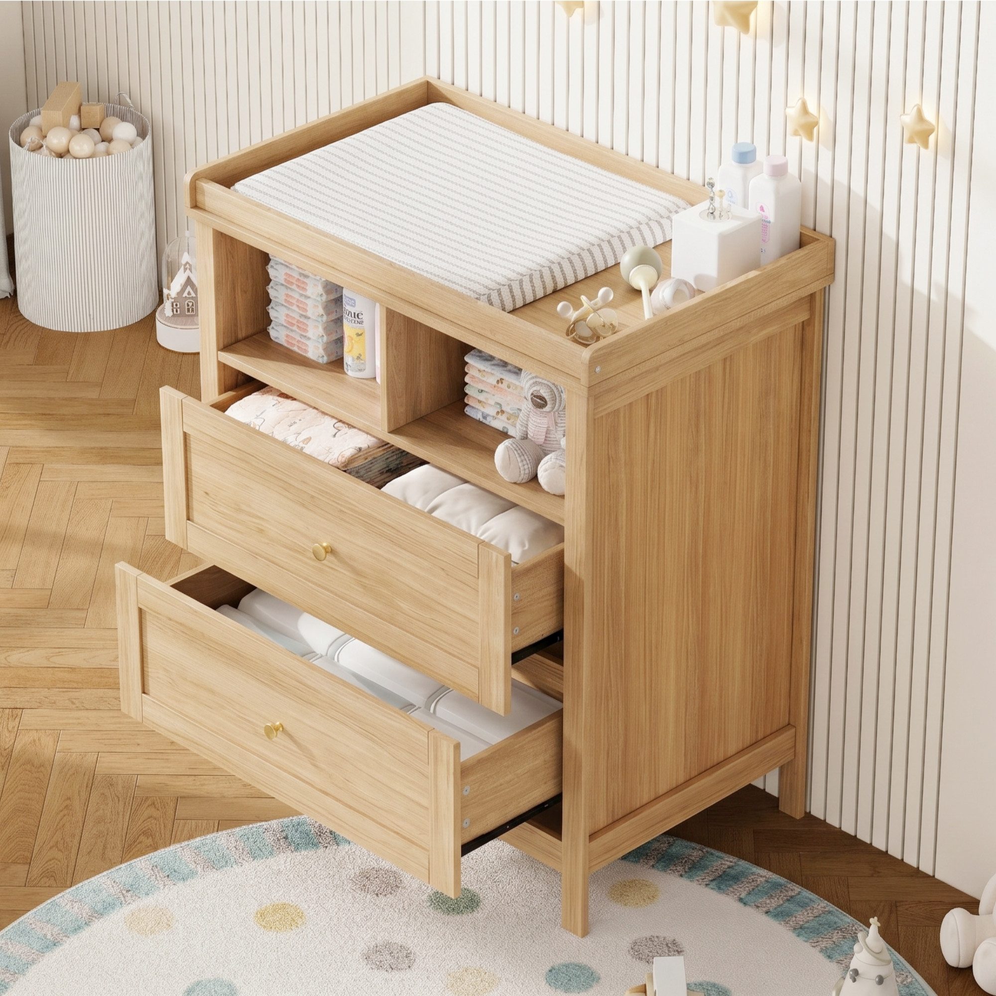 OKWISH Wickelkommode Multifunktionaler Baby-Wickeltisch mit Stauraum & Sicherheit, abnehmbarer Aufsatz, Schubladen, rückenschonend